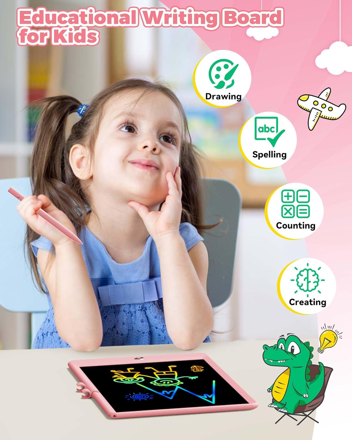 KOKODI 12 Inch LCD Writing Tablet with Anti-Lost Stylus, Erasable Doodle Board Colorful Toddler Drawing Pad, Car Travel School Games Toys for 3 4 5 6 7 8 Kids, Birthday Gift for Girls Boys Adults Pink