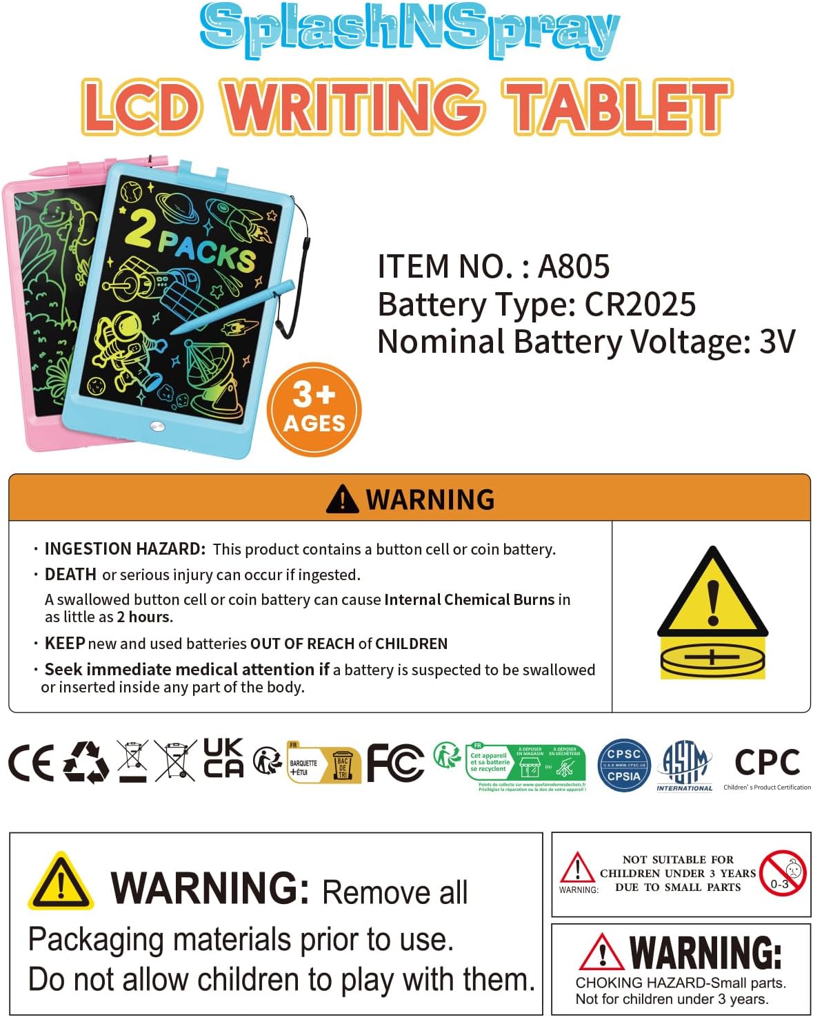 SplashNSpray Drawing Tablet, 2pack LCD Writing Tablet for Kids, Colorful Toddler Doodle Board, Erasable Reusable Electronic Drawing Pads, Educational and Learning Toy for 3 Years Old Kids 8.5inch