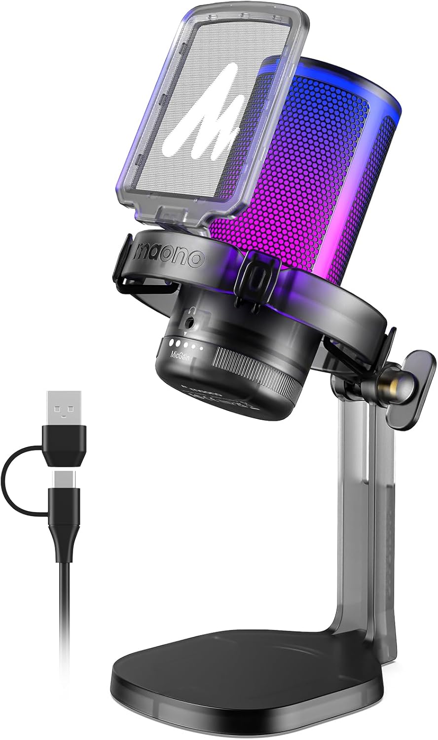 MAONO USB Gaming Microphone for PC, Noise Cancellation Condenser Mic with RGB Lights, Mute, Gain for Streaming, Recording, Podcast, Chat, Twitch, YouTube, Discord, Computer, PS5, PS4, GamerWave