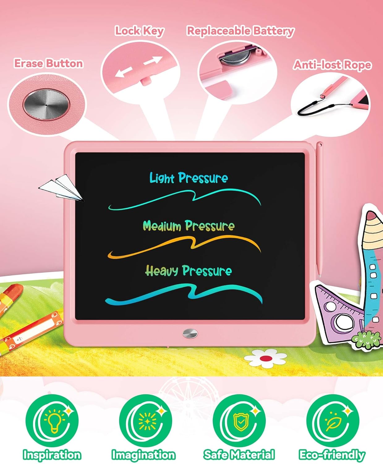 KOKODI 12 Inch LCD Writing Tablet with Anti-Lost Stylus, Erasable Doodle Board Colorful Toddler Drawing Pad, Car Travel School Games Toys for 3 4 5 6 7 8 Kids, Birthday Gift for Girls Boys Adults Pink