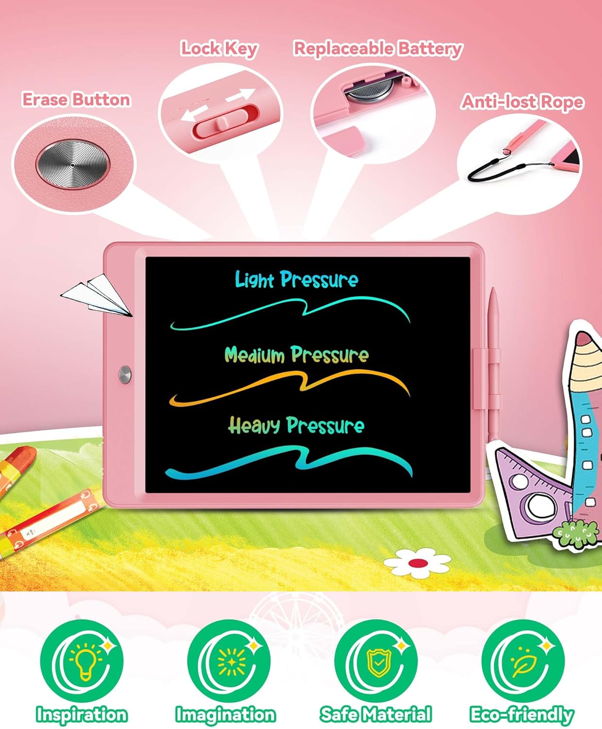 KOKODI 12 Inch LCD Writing Tablet with Anti-Lost Stylus, Erasable Doodle Board Colorful Toddler Drawing Pad, Car Travel School Games Toys for 3 4 5 6 7 8 Kids, Birthday Gift for Girls Boys Adults Pink