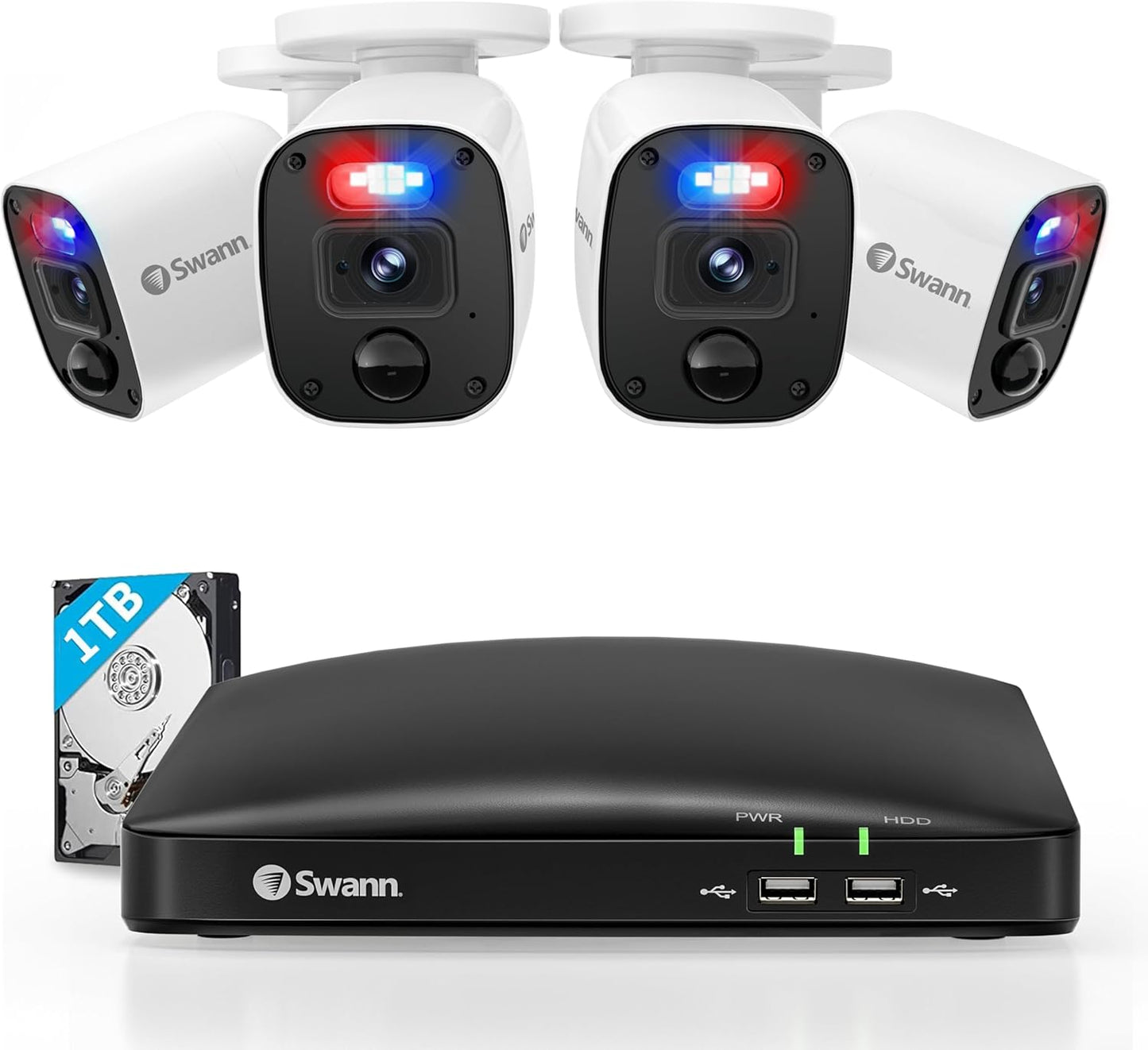 Swann 4K Security Camera System DVR with 2TB HDD, 8 Channel 8 Cam, Indoor Outdoor Wired 8MP Home Surveillance Bullet Cameras, Color Night Vision, 24/7,Heat Motion Detection, LEDs, Sirens and Mic
