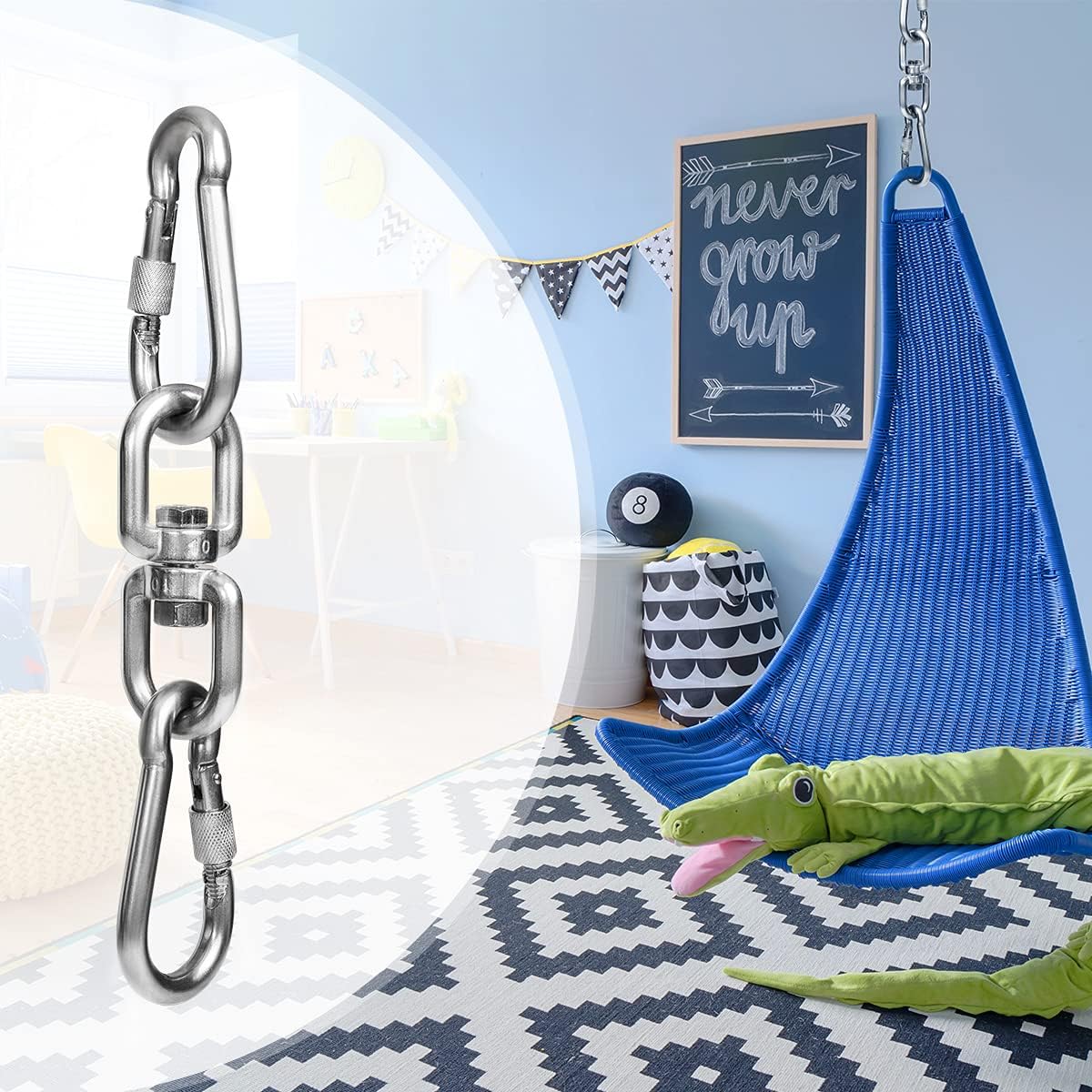 2 1 Heavy Duty 304 Stainless Steel Swivel Ring Double Ended Swivel Eye Hook with SUS304 Snap Hooks for Web Tree Swing, Swing Spinner Hanger, Reliable and Safe (M8)
