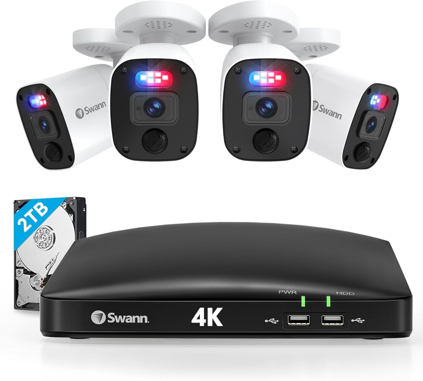 Swann 4K Security Camera System DVR with 2TB HDD, 8 Channel 8 Cam, Indoor Outdoor Wired 8MP Home Surveillance Bullet Cameras, Color Night Vision, 24/7,Heat Motion Detection, LEDs, Sirens and Mic