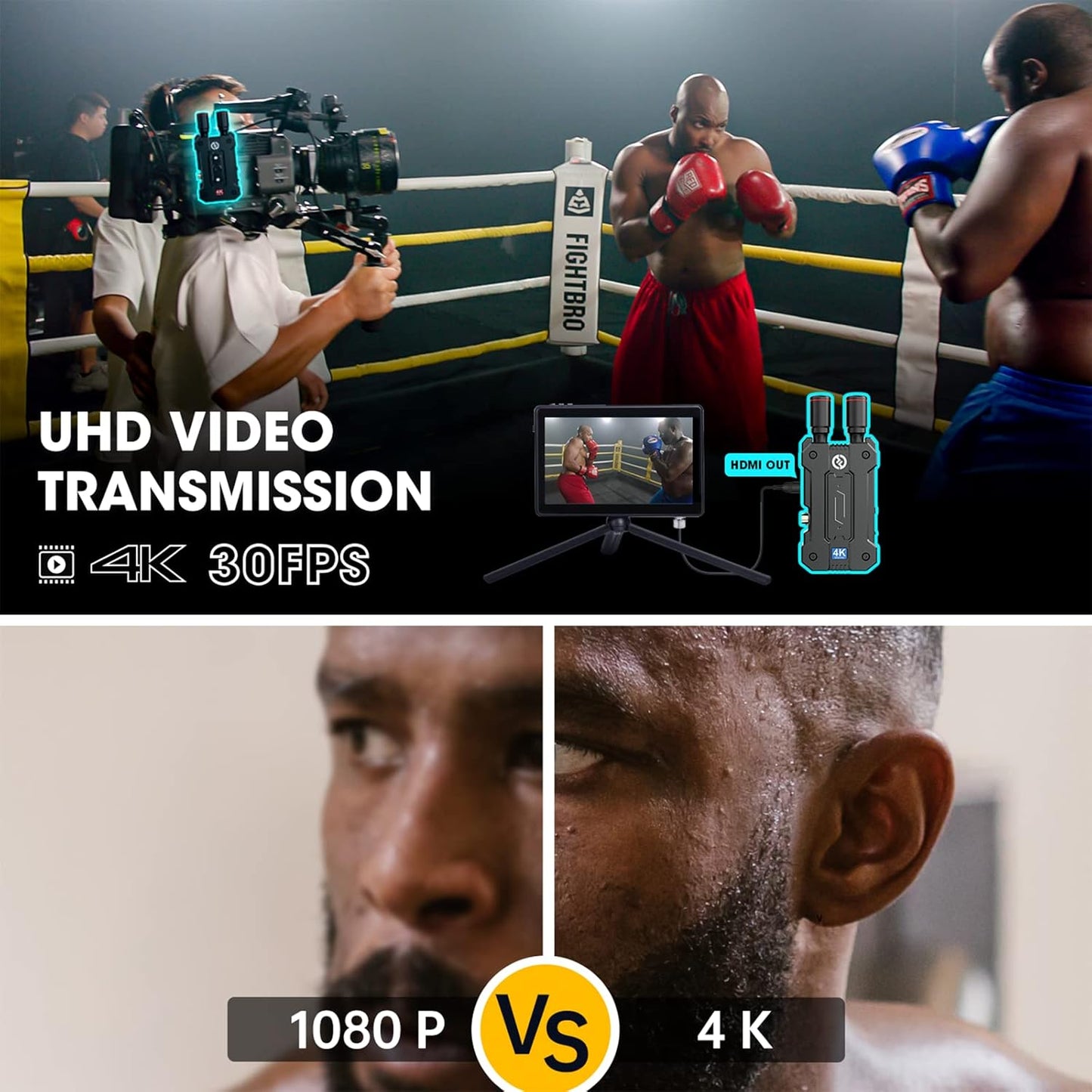 Hollyland Mars 4K Wireless Transmitter Receiver 5G SDI HDMI Video Transmission System, 4Kp30/1080p60, Support 23.98/29.97/59.94 FPS SDI Out, 450FT Los Range 66ms Latency, 4 App Monitoring (1TX 1RX)