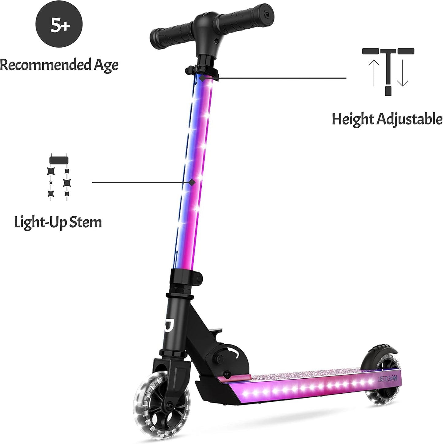 Jetson 2-Wheel Light-Up Kick Scooter, Light Up Deck and Wheels, Height Adjustable Handlebar, Rear Brake, Easy-Folding Mechanism, 4 or 6 inch wheels