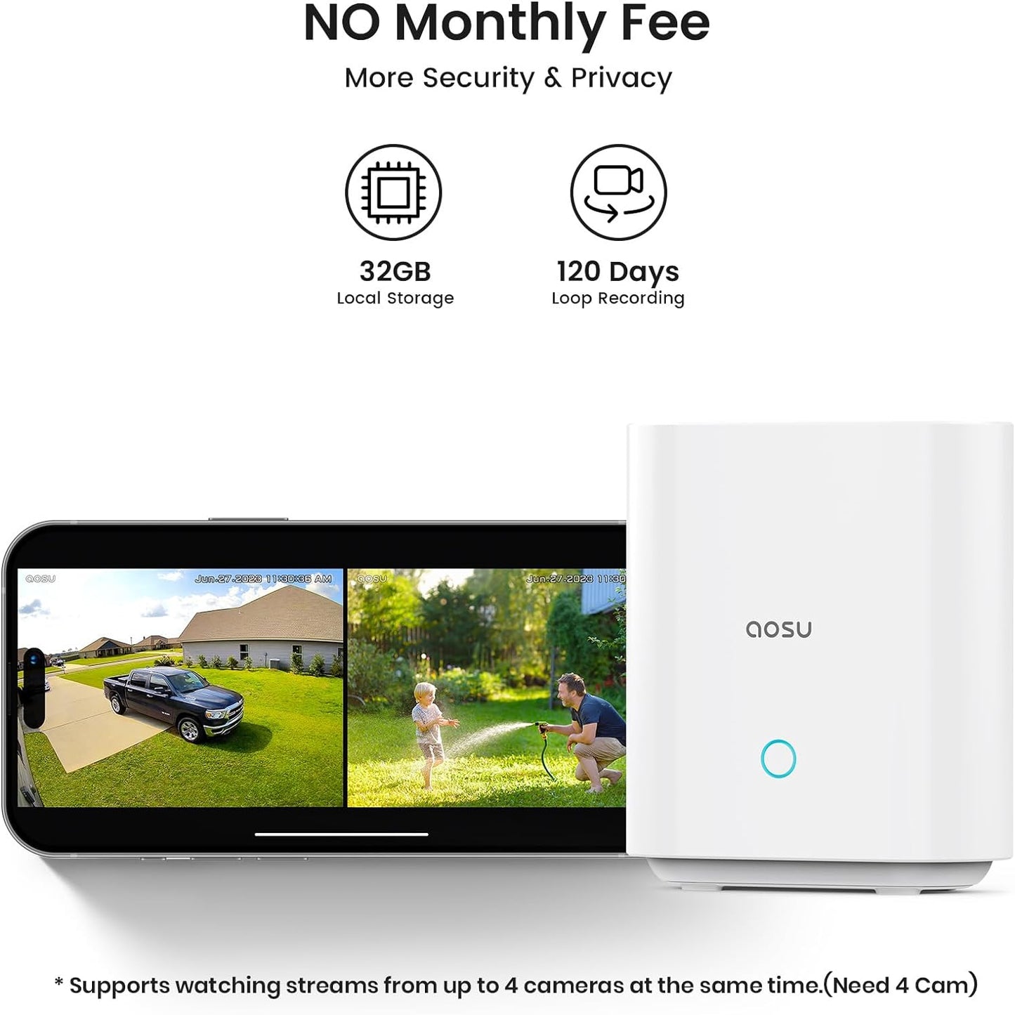 AOSU Security Cameras Outdoor Wireless, 4 Cam-Kit, No Subscription, Solar-Powered, Home Security Cameras System with 360° Pan & Tilt, Auto Tracking, 2K Color Night Vision, Easy Setup, 5G & 2.4G WiFi