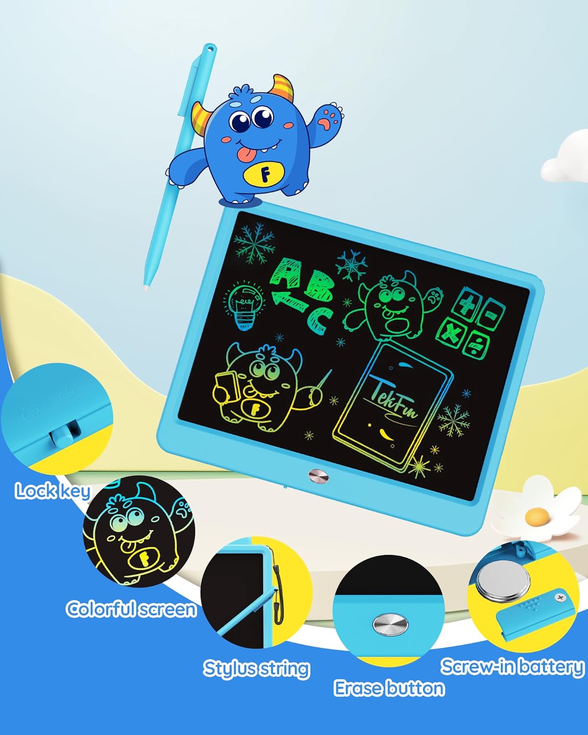 TEKFUN LCD Writing Tablet Doodle Board, 10inch Colorful Drawing Tablet Writing Pad, Kids Travel Essentials, Toddler Toys for 3 4 5 6 7 8 Year Old Girls Boys (Blue)