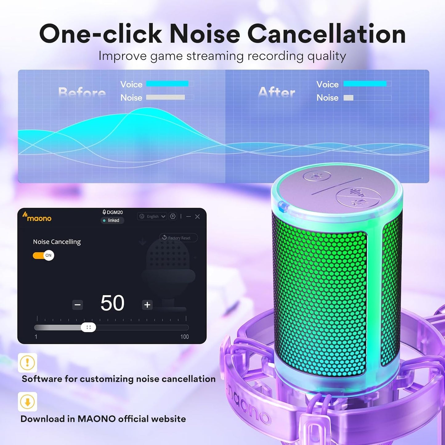 MAONO USB Gaming Microphone for PC, Noise Cancellation Condenser Mic with RGB Lights, Mute, Gain for Streaming, Recording, Podcast, Chat, Twitch, YouTube, Discord, Computer, PS5, PS4, GamerWave