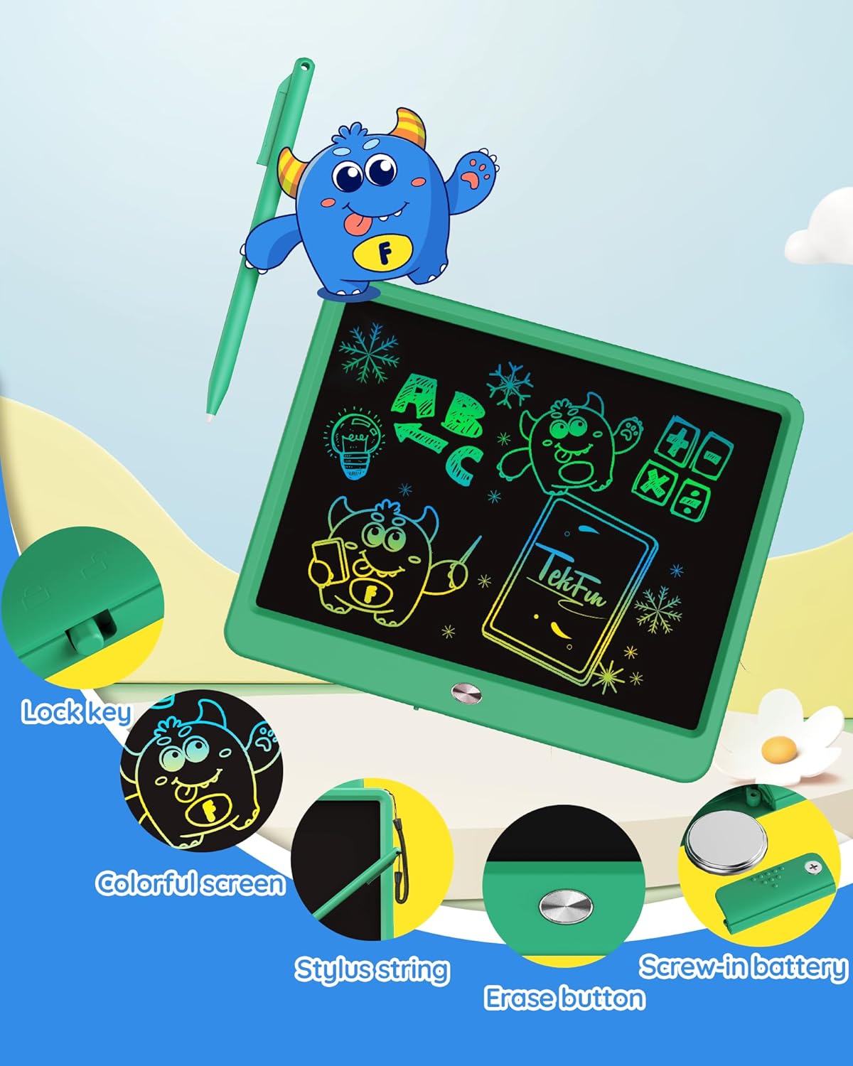 TEKFUN LCD Writing Tablet Doodle Board, 10inch Colorful Drawing Tablet Writing Pad, Kids Travel Essentials, Toddler Toys for 3 4 5 6 7 8 Year Old Girls Boys (Blue)