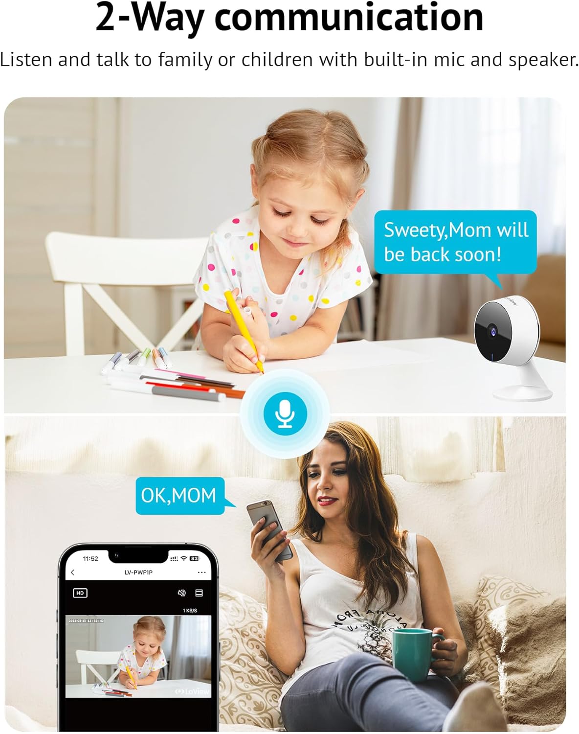 LaView Security Cameras 4pcs, Home Security Camera Indoor 1080P, Wi-Fi Cameras Wired for Pet, Motion Detection, Two-Way Audio, Night Vision, Phone App, Works with Alexa, iOS & Android & Web Access