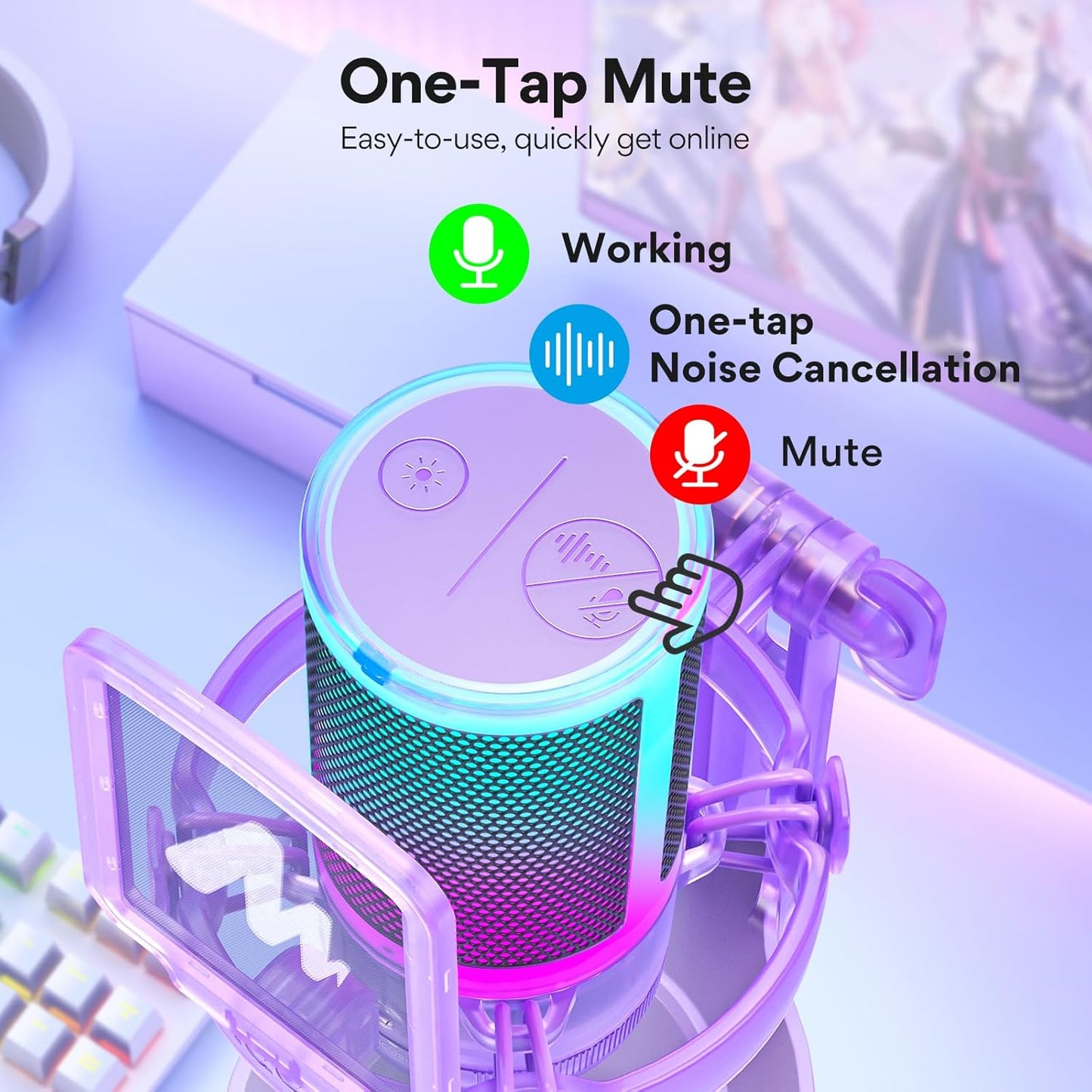 MAONO USB Gaming Microphone for PC, Noise Cancellation Condenser Mic with RGB Lights, Mute, Gain for Streaming, Recording, Podcast, Chat, Twitch, YouTube, Discord, Computer, PS5, PS4, GamerWave