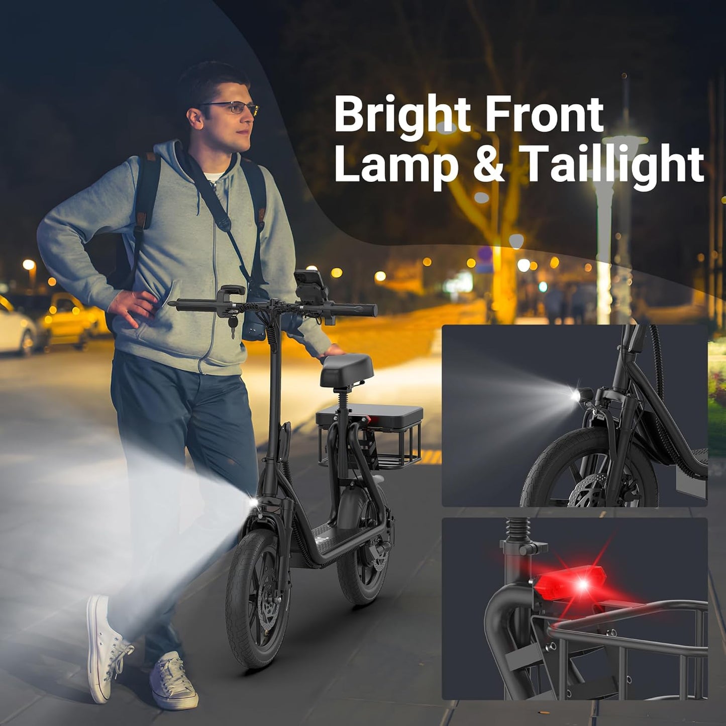 NAVIC Electric Scooter Adults,Electric Scooter with Seat,Max 27/49 Miles Ranges,Top Speed 22 mph,750W Peak Motor,Adult Electric Scooter for Pets,Cargo with Back Basket,Scooter Lock