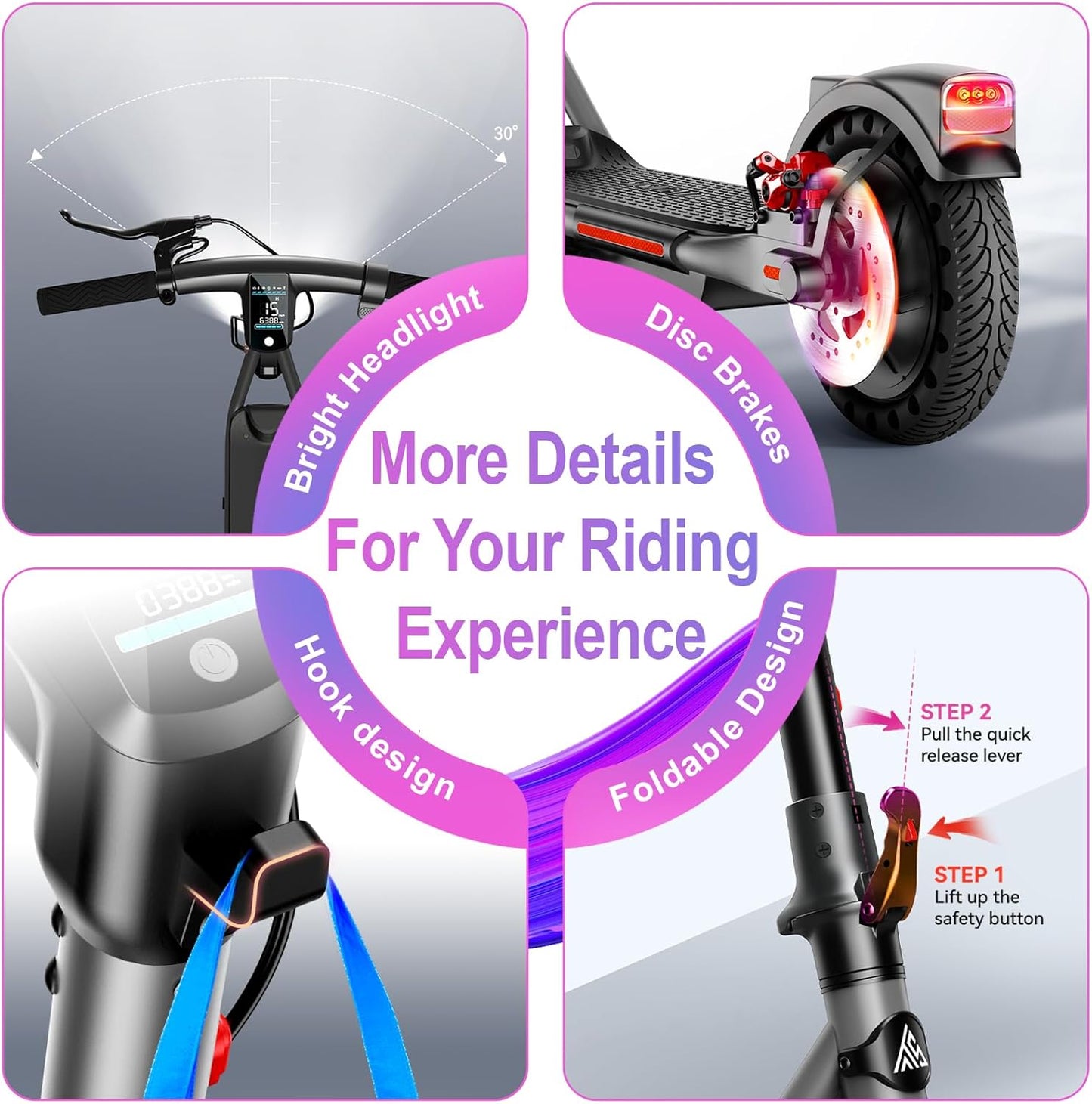 TST Electric Scooter for Adults, Up to 19 MPH and 20/30 Miles Long-Range, 500W Peak Motor Foldable E Scooter, 10" Solid Rear Tire and Pneumatic Front Tire, Dual Braking System and App Control
