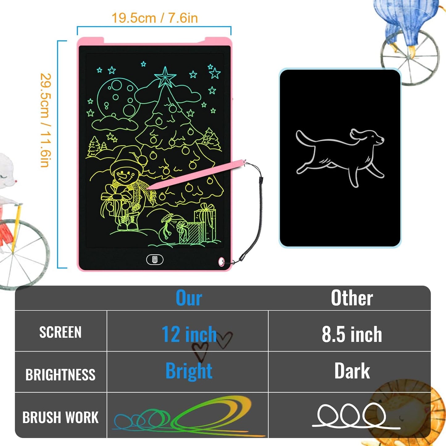 2 Pack 12 Inch LCD Writing Tablet, Electight Colorful Doodle Board, Eye Protection Drawing Board with Lock & Erase FUNC, Birthday Gifts and Toys for 3 4 5 6 7 8 Year Old Boys and Girls - Pink & Blue
