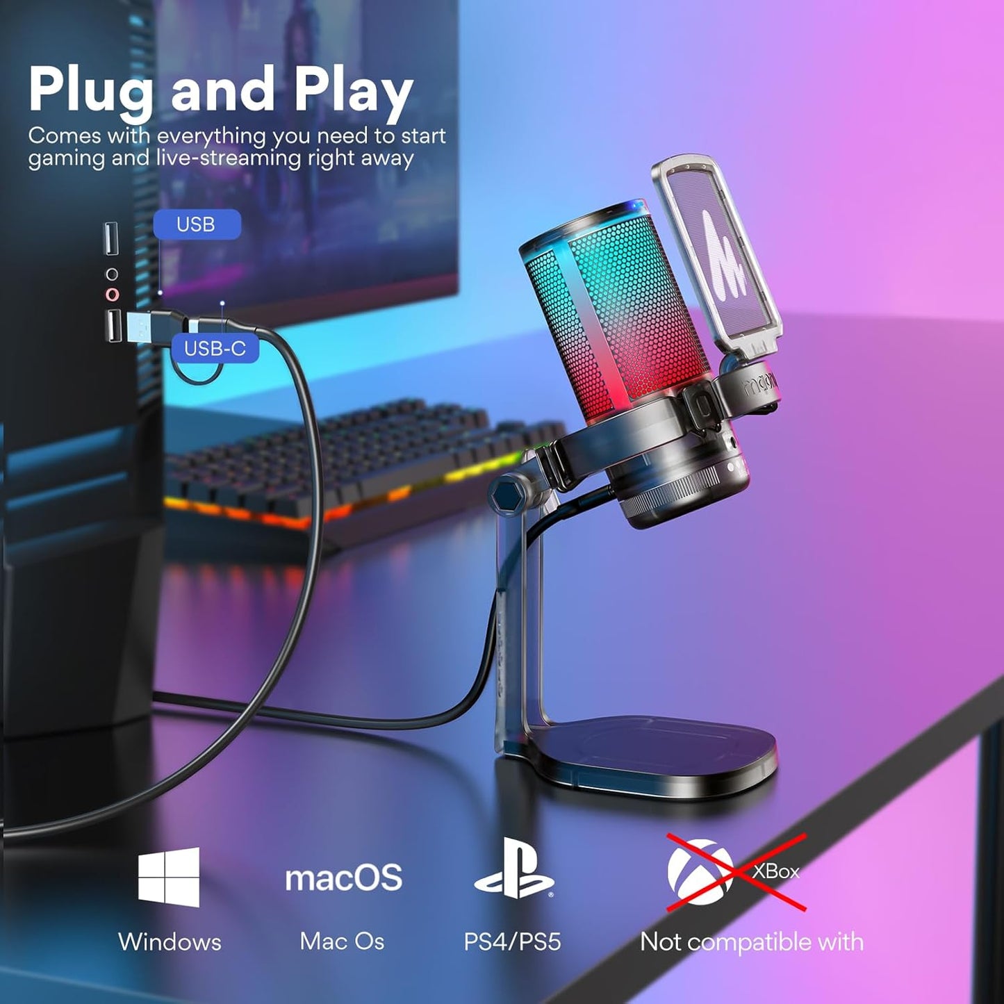 MAONO USB Gaming Microphone for PC, Noise Cancellation Condenser Mic with RGB Lights, Mute, Gain for Streaming, Recording, Podcast, Chat, Twitch, YouTube, Discord, Computer, PS5, PS4, GamerWave