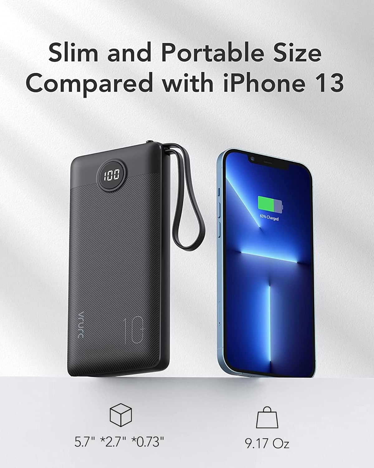 VRURC 10000mAh Power Bank Built-in Cables, Portable Charger with LED Display, Slim Travel Battery Pack with Cords, 5 Output Dual Input Phone Charger for Cell Phone Smart Devcies-Blue(1 Pack)
