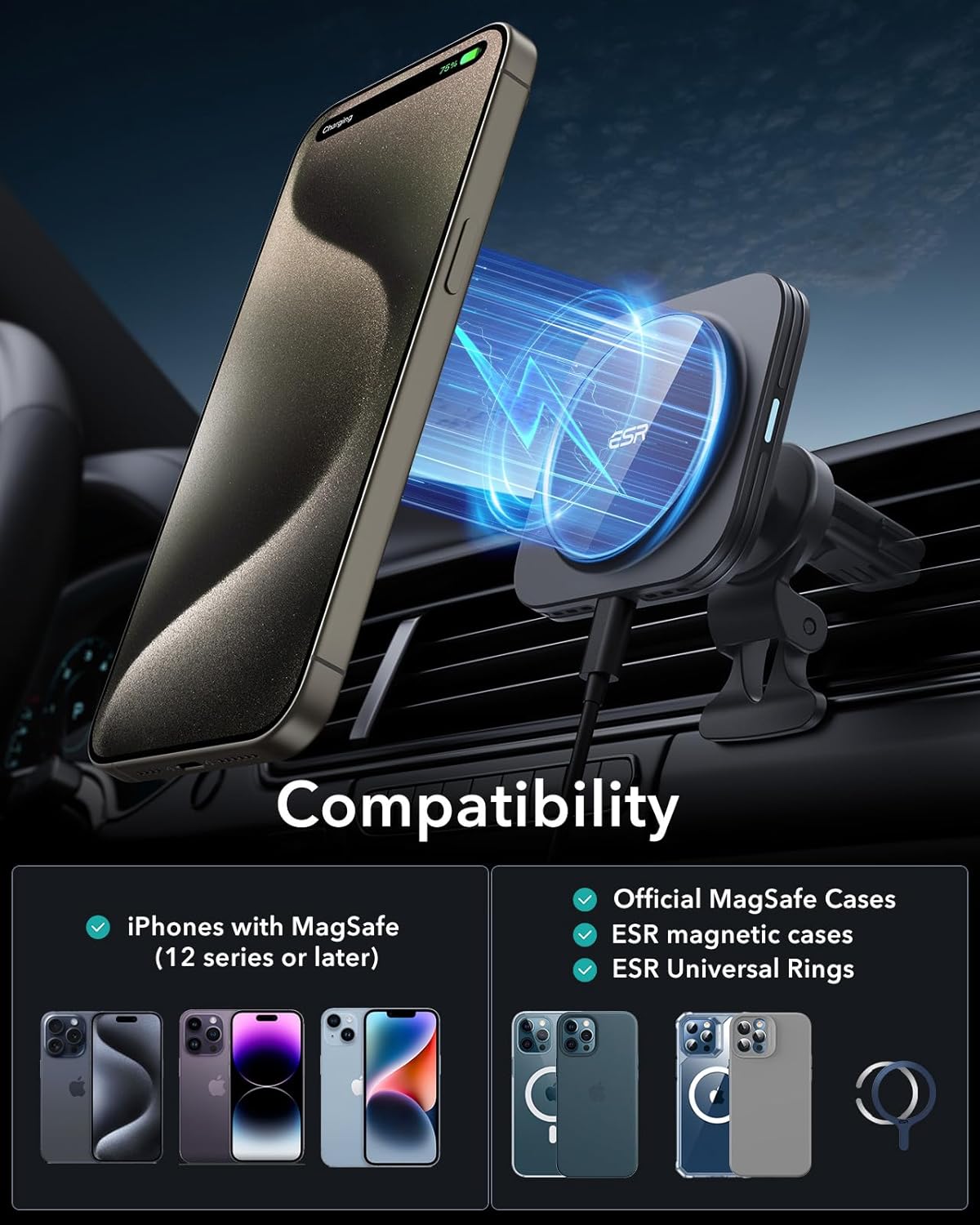ESR for Qi2-Certified 15W MagSafe Car Mount Charger with CryoBoost, Phone Cooling MagSafe Car Charger, Air Vent/Dashboard Wireless Car Charger for iPhone 16/15/14/13/12, Fast Charger, Black