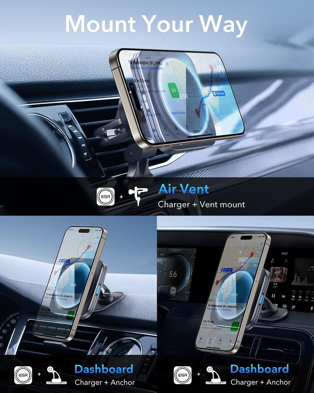 ESR for Qi2-Certified 15W MagSafe Car Mount Charger with CryoBoost, Phone Cooling MagSafe Car Charger, Air Vent/Dashboard Wireless Car Charger for iPhone 16/15/14/13/12, Fast Charger, Black