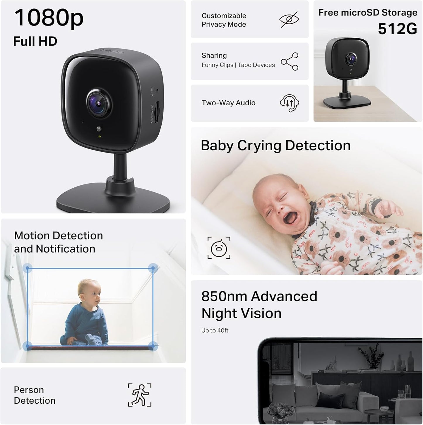 TP-Link Tapo 1080P Indoor Security Camera for Baby Monitor, Dog Camera w/Motion Detection, 2-Way Audio Siren, Night Vision, Cloud & SD Card Storage, Works w/Alexa & Google Home (Tapo C100)