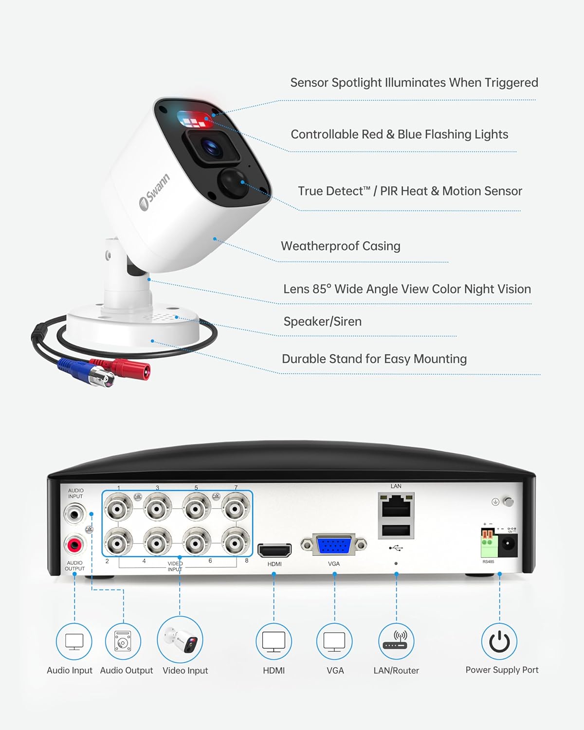 Swann 4K Security Camera System DVR with 2TB HDD, 8 Channel 8 Cam, Indoor Outdoor Wired 8MP Home Surveillance Bullet Cameras, Color Night Vision, 24/7,Heat Motion Detection, LEDs, Sirens and Mic