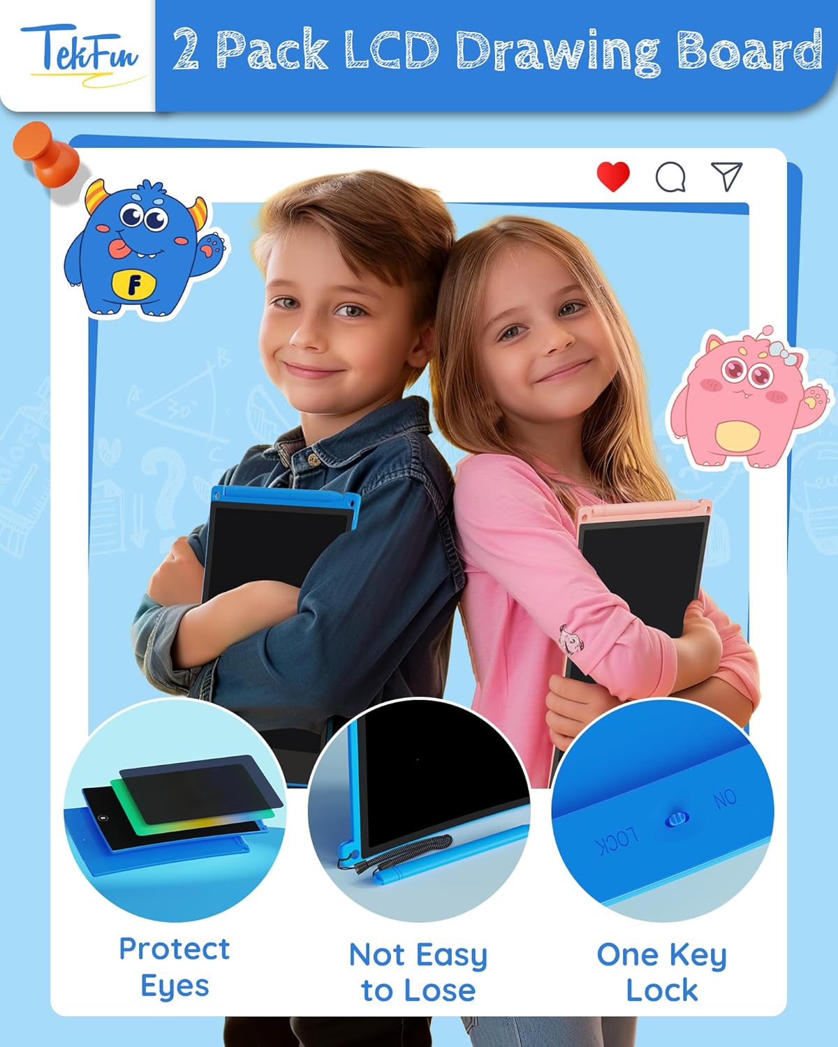 TEKFUN 2 Pack LCD Writing Tablet with Stylus, 8.5in Erasable Doodle Board Mess Free Drawing Pad for Kids, Car Trip Educational Toys Birthday Christmas Gift for 3 4 5 6 7 Girls Boys (2*Blue)