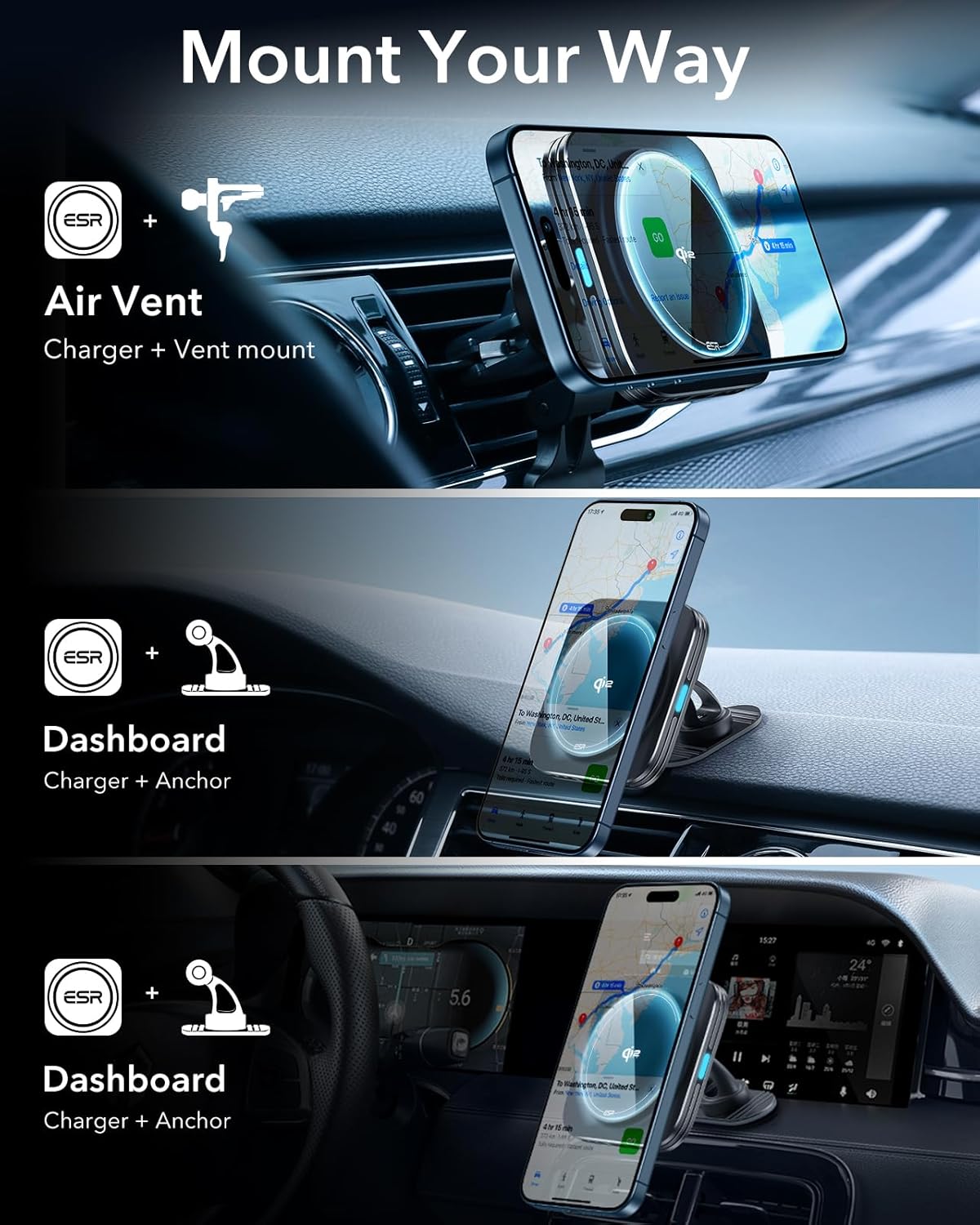 ESR for Qi2-Certified 15W MagSafe Car Mount Charger with CryoBoost, Phone Cooling MagSafe Car Charger, Air Vent/Dashboard Wireless Car Charger for iPhone 16/15/14/13/12, Fast Charger, Black
