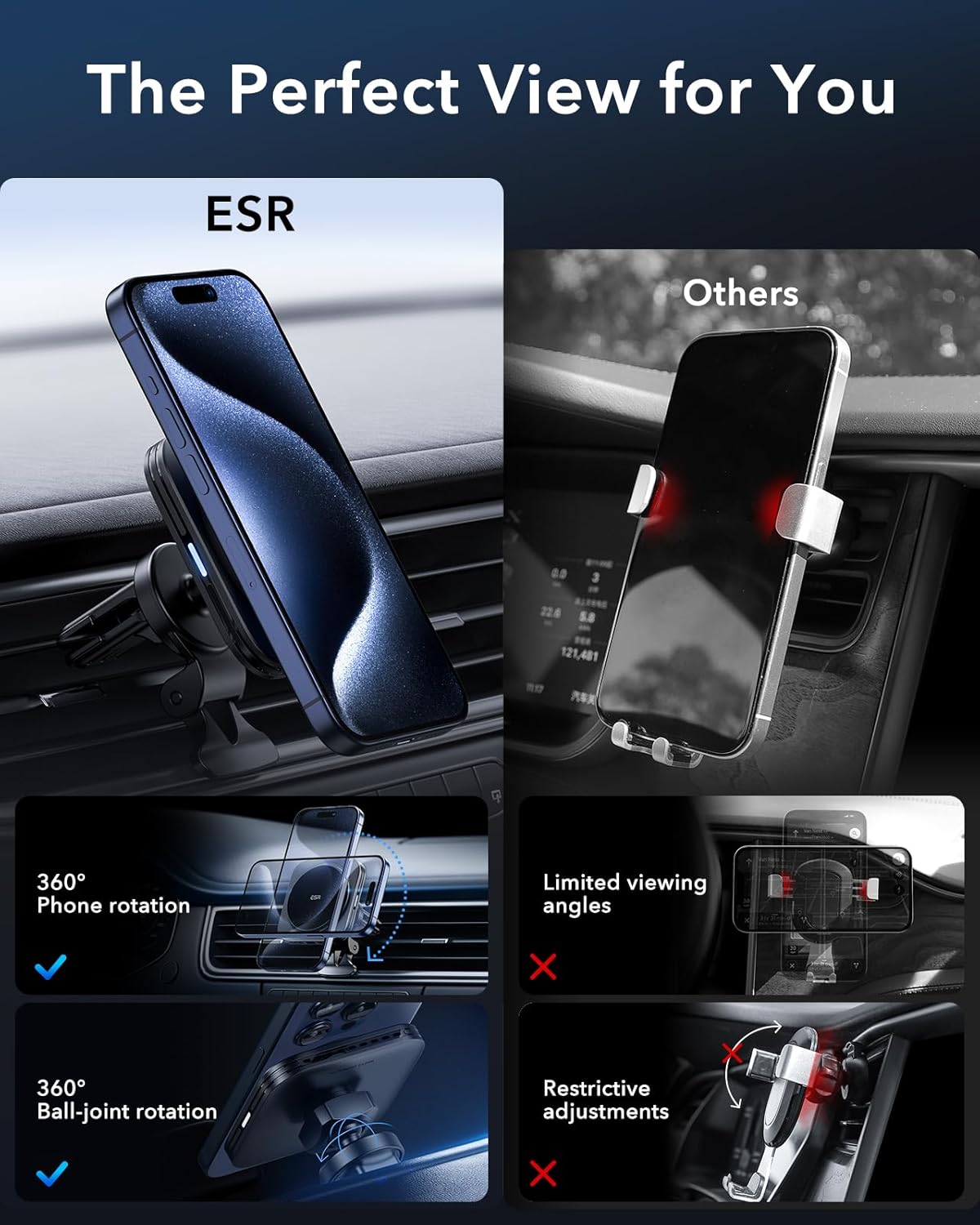 ESR for Qi2-Certified 15W MagSafe Car Mount Charger with CryoBoost, Phone Cooling MagSafe Car Charger, Air Vent/Dashboard Wireless Car Charger for iPhone 16/15/14/13/12, Fast Charger, Black