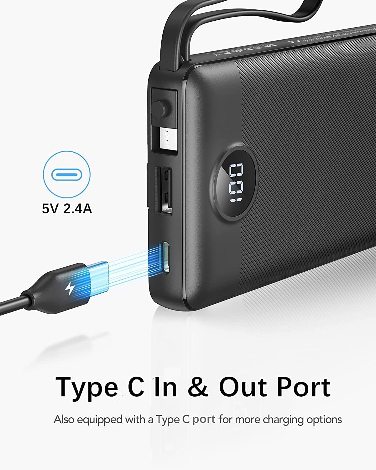 VRURC 10000mAh Power Bank Built-in Cables, Portable Charger with LED Display, Slim Travel Battery Pack with Cords, 5 Output Dual Input Phone Charger for Cell Phone Smart Devcies-Blue(1 Pack)