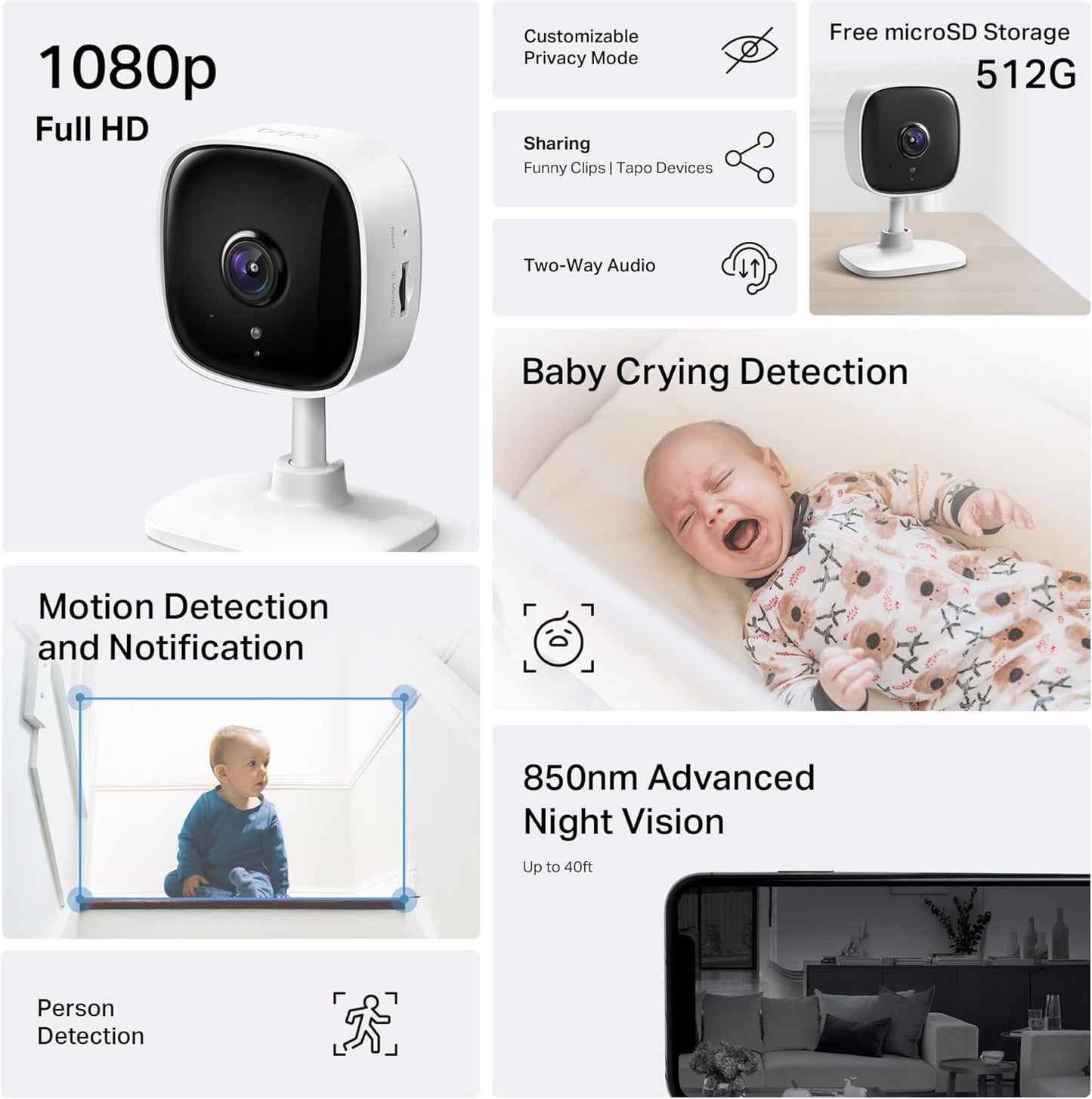 TP-Link Tapo 1080P Indoor Security Camera for Baby Monitor, Dog Camera w/Motion Detection, 2-Way Audio Siren, Night Vision, Cloud & SD Card Storage, Works w/Alexa & Google Home (Tapo C100)