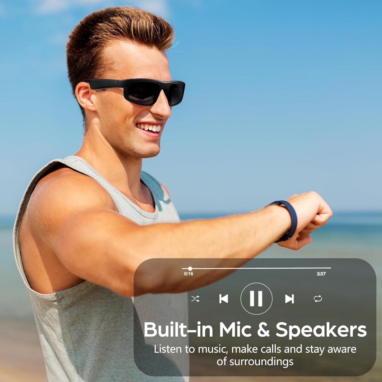 Smart Glasses, Polarized Bluetooth Sunglasses with Speaker, Voice Assistant, Open Ear, UV Protection Outdoor Audio Glass