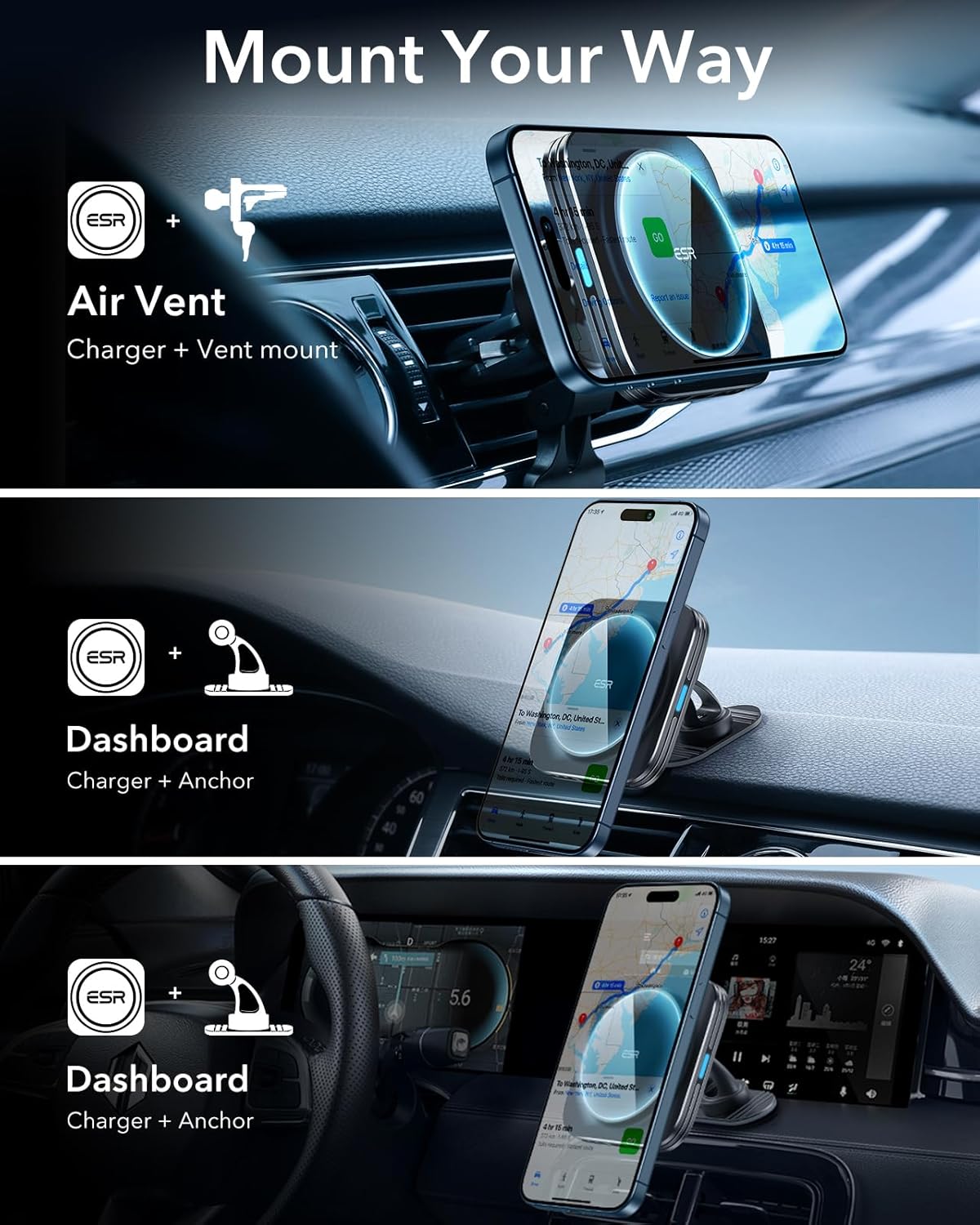 ESR for Qi2-Certified 15W MagSafe Car Mount Charger with CryoBoost, Phone Cooling MagSafe Car Charger, Air Vent/Dashboard Wireless Car Charger for iPhone 16/15/14/13/12, Fast Charger, Black
