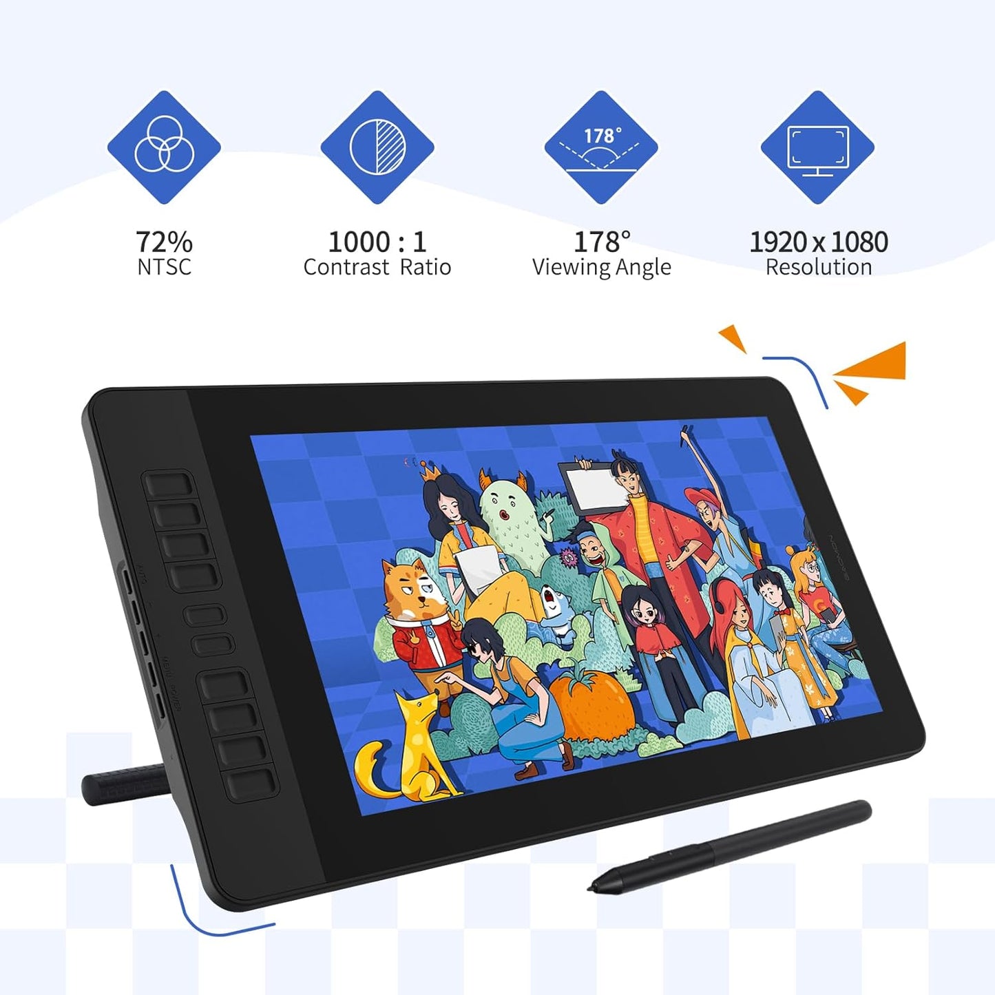 Drawing Tablet with Screen GAOMON PD1561 Drawing Monitor Art Tablet with Adjustable Stand, 10 Shortcut Keys, Tilt Support, Battery-Free Pen, 15.6-inch Graphics Tablet for Mac, Windows PC