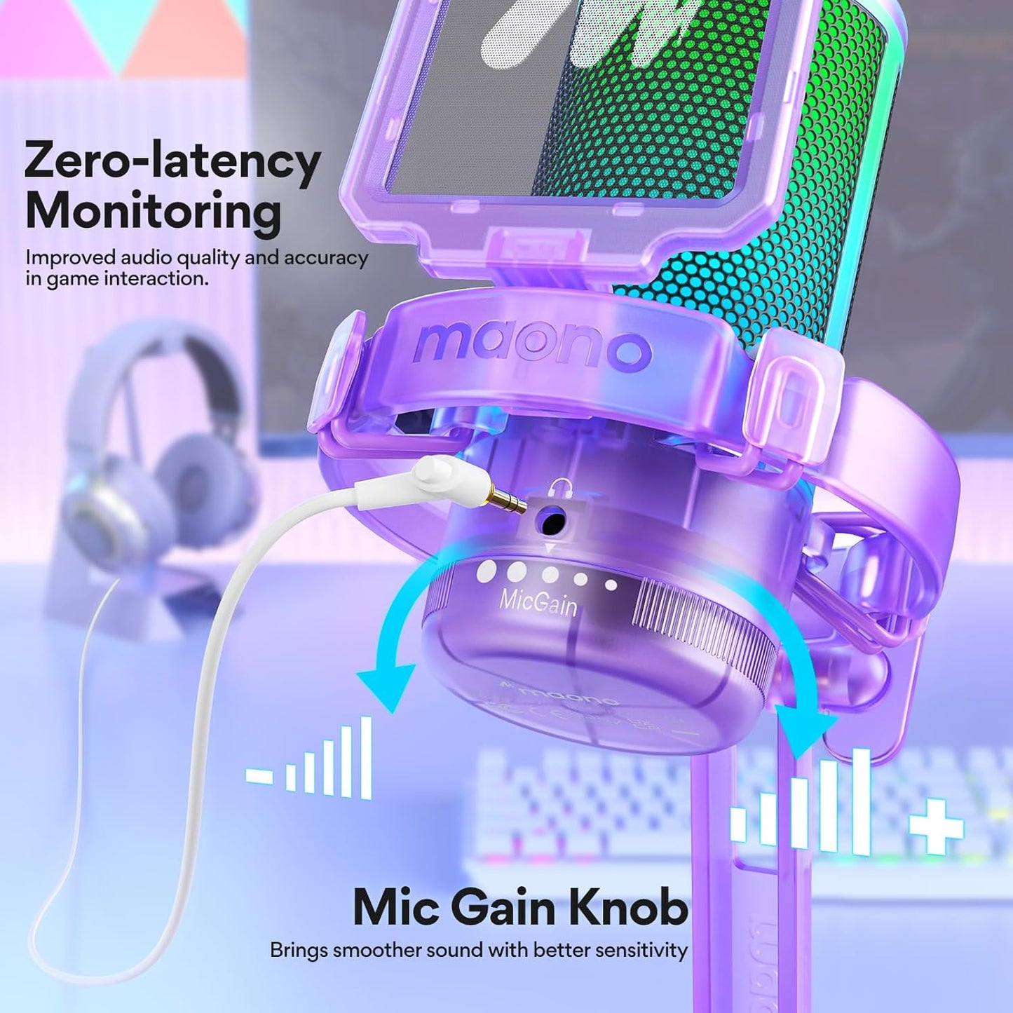 MAONO USB Gaming Microphone for PC, Noise Cancellation Condenser Mic with RGB Lights, Mute, Gain for Streaming, Recording, Podcast, Chat, Twitch, YouTube, Discord, Computer, PS5, PS4, GamerWave