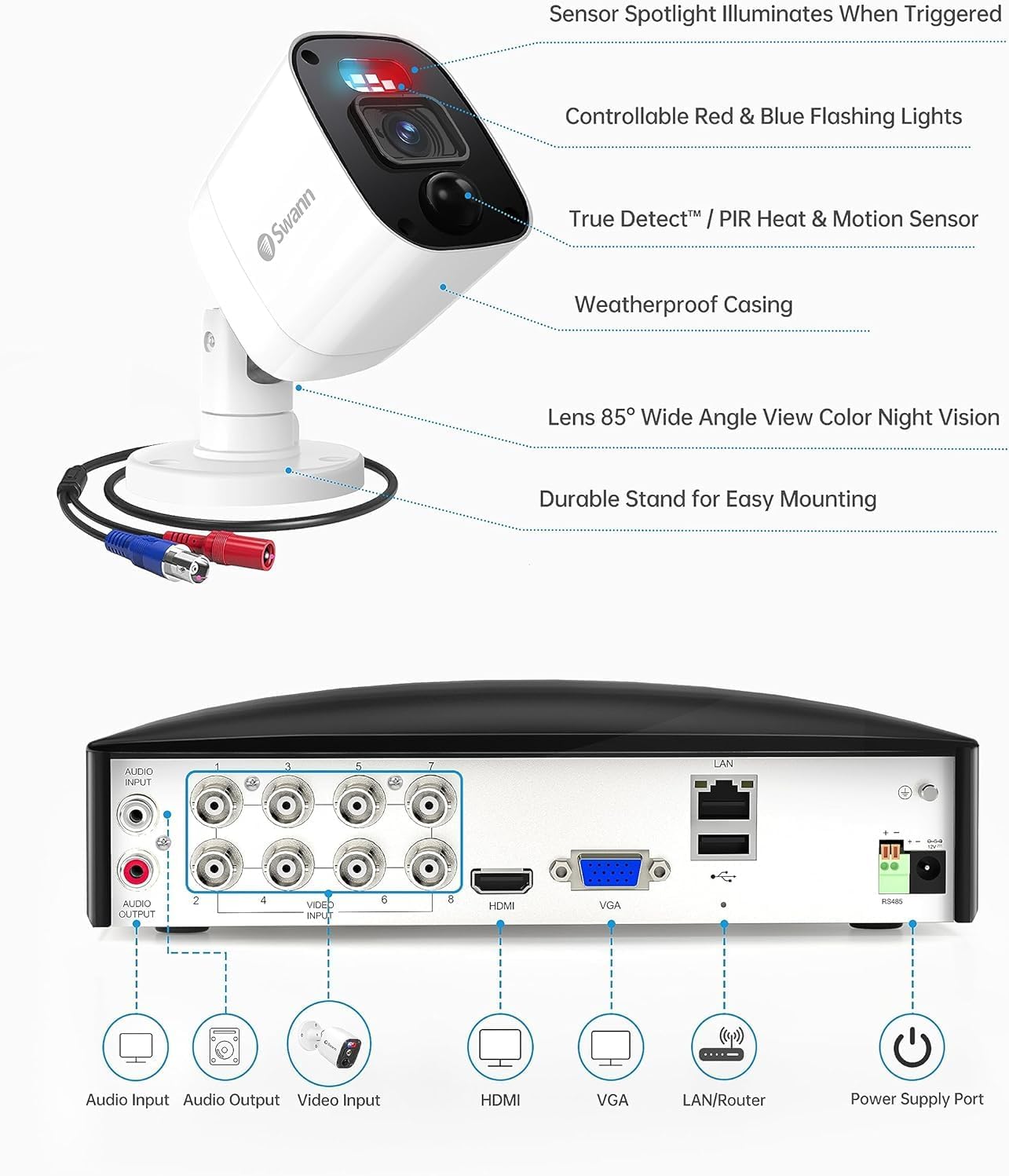 Swann 4K Security Camera System DVR with 2TB HDD, 8 Channel 8 Cam, Indoor Outdoor Wired 8MP Home Surveillance Bullet Cameras, Color Night Vision, 24/7,Heat Motion Detection, LEDs, Sirens and Mic