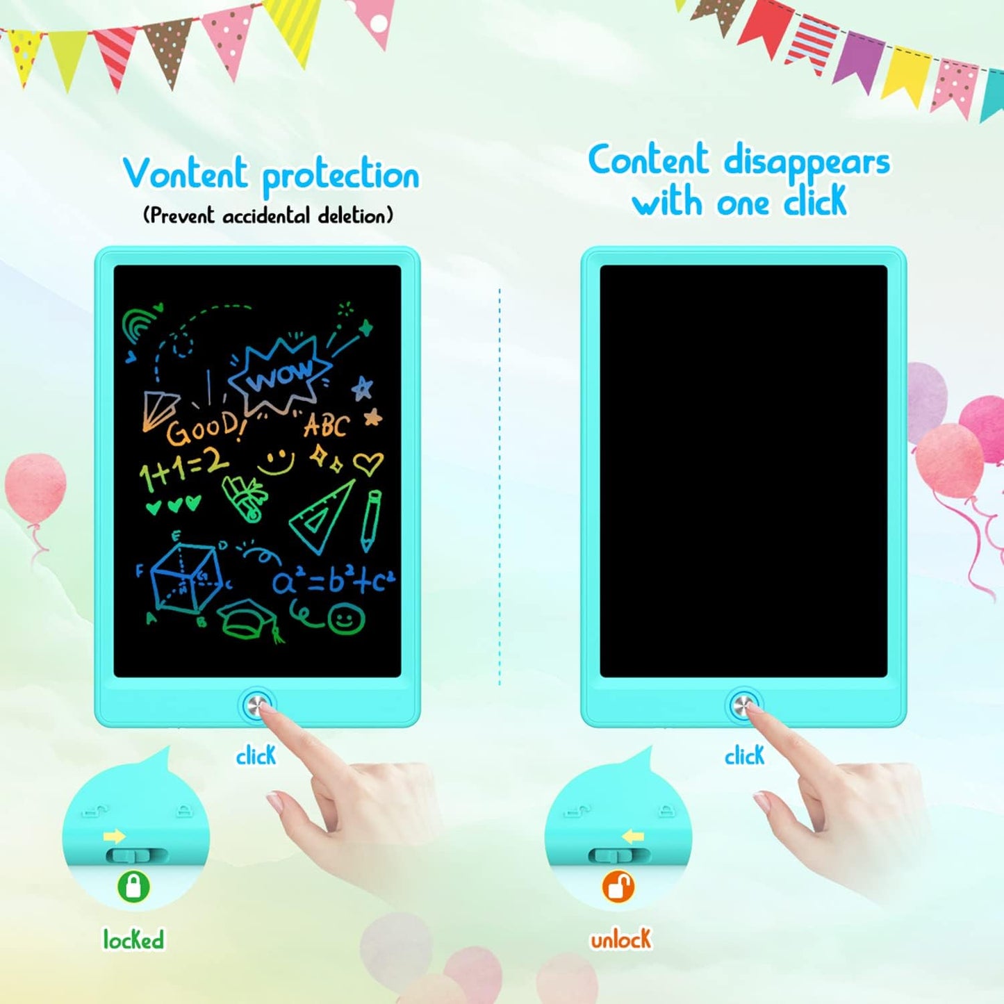 BUKEBU LCD Writing Tablet Doodle Board,10.5 inch Colorful Drawing Pad,Electronic Drawing Tablet, Drawing Pads,Travel Gifts for Kids Ages 3 4 5 6 7 8 Year Old Girls Boys (Blue)