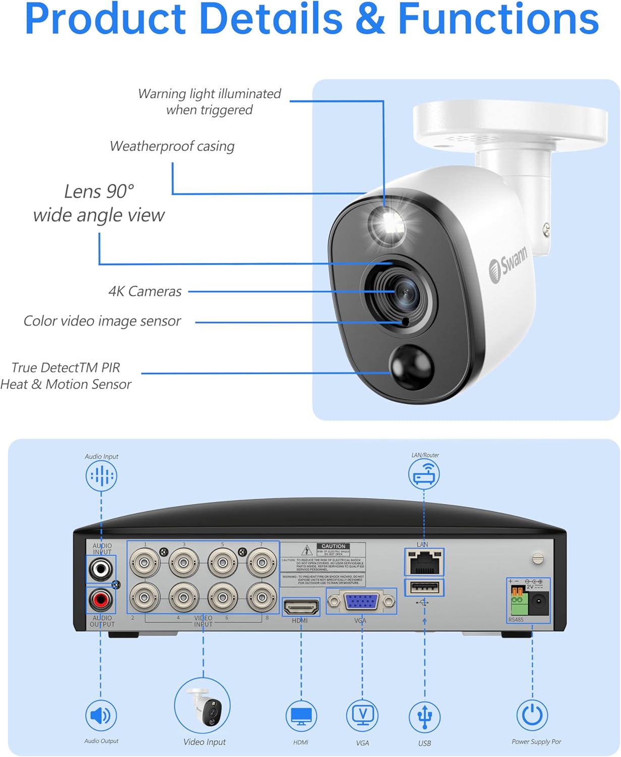 Swann Home Security Camera System with 2TB HDD, 8 Channel 4 Cam, 4K Ultra HD DVR, Indoor/Outdoor Wired Surveillance CCTV, Color Night Vision, Heat/Motion Warning Light, Alexa Google, SWDVK-855804WL