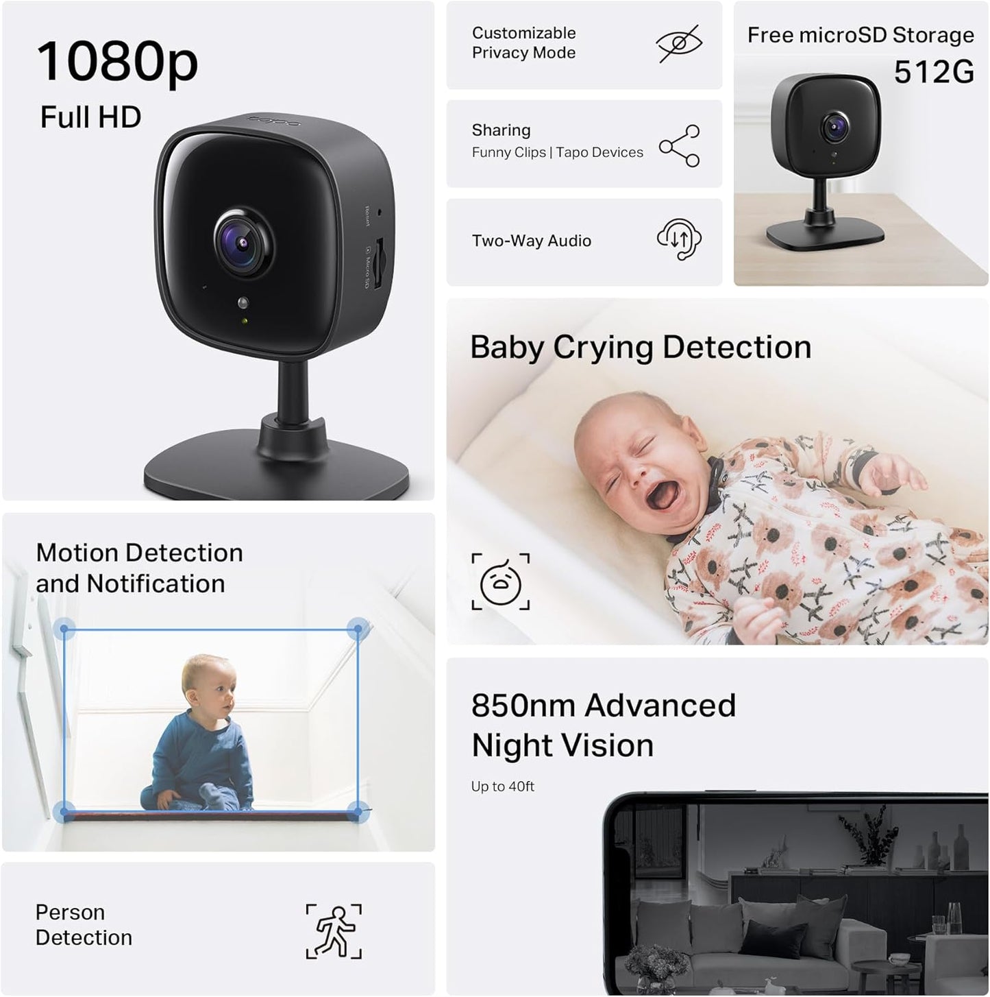 TP-Link Tapo 1080P Indoor Security Camera for Baby Monitor, Dog Camera w/Motion Detection, 2-Way Audio Siren, Night Vision, Cloud & SD Card Storage, Works w/Alexa & Google Home (Tapo C100)