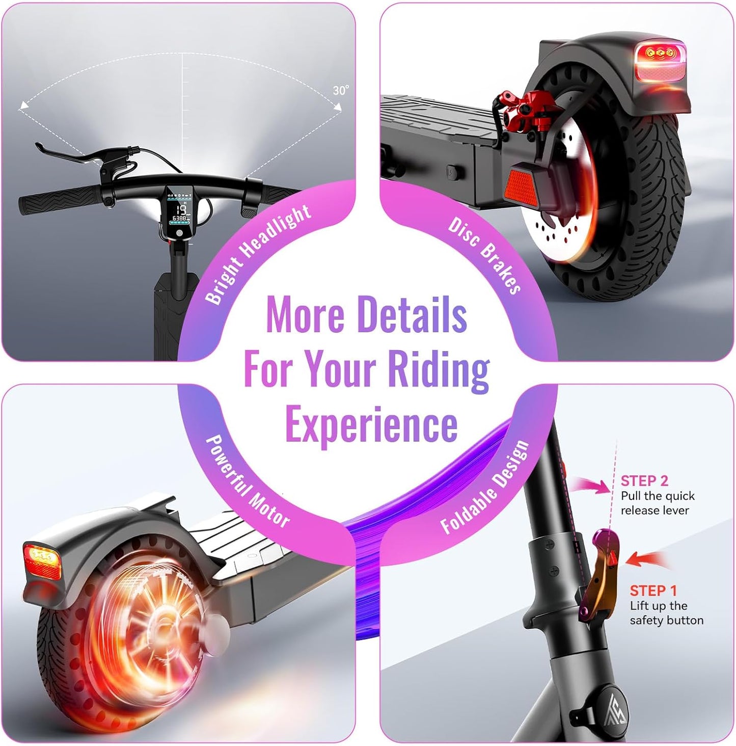 TST Electric Scooter for Adults, Up to 19 MPH and 20/30 Miles Long-Range, 500W Peak Motor Foldable E Scooter, 10" Solid Rear Tire and Pneumatic Front Tire, Dual Braking System and App Control