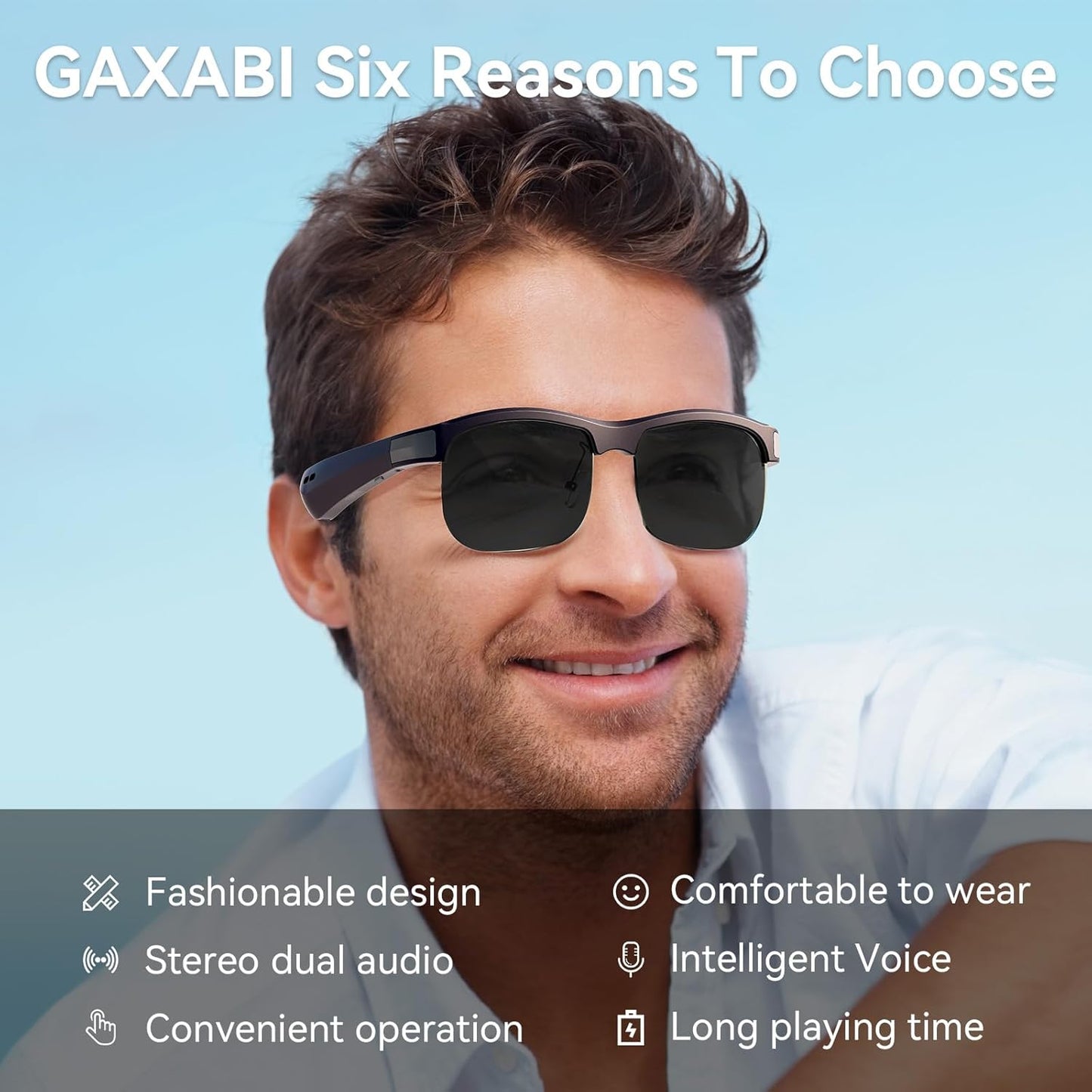 GAXABI Smart Glasses, Polarized Bluetooth Sunglasses, Built-in Mic & Speakers, Voice Assistant, UV Protection, Bluetooth Glasses for Office, Driving, Cycling Outdoor Sports
