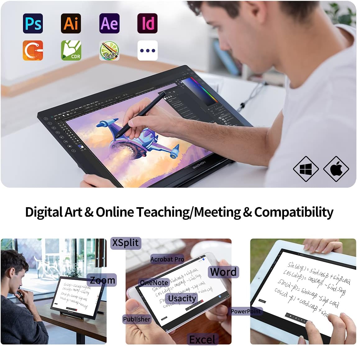 Drawing Tablet with Screen GAOMON PD1561 Drawing Monitor Art Tablet with Adjustable Stand, 10 Shortcut Keys, Tilt Support, Battery-Free Pen, 15.6-inch Graphics Tablet for Mac, Windows PC