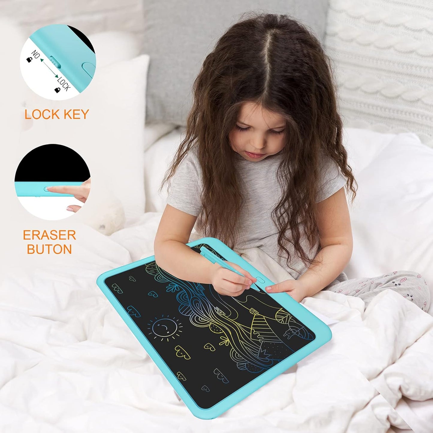 FLUESTON LCD Writing Tablet, Doodle Board Toys Gifts for 3-8 Year Old Girls Boys, 10 Inch Colorful Electronic Board Drawing Pad for Kids, Gifts for Toddler Educational Learning Travel Birthday, Blue