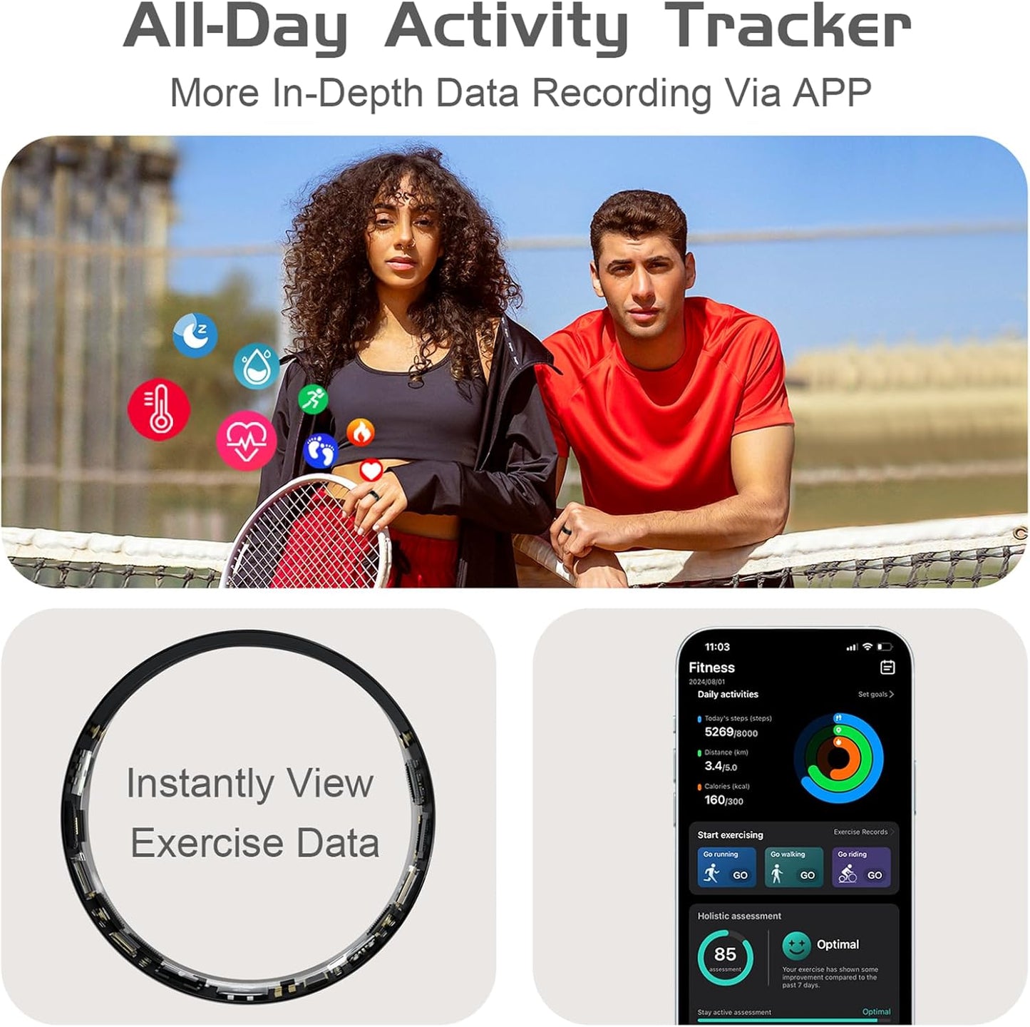 AMZAIZO Smart Ring Health Fitness Tracker,Sleep&Exercise Monitor Heart Rate,Blood Oxygen,Temp,Steps,Distance,Calories,Event Reminders,Air Gestures,SOS,5ATM Waterproof,for Android & iOS (8)