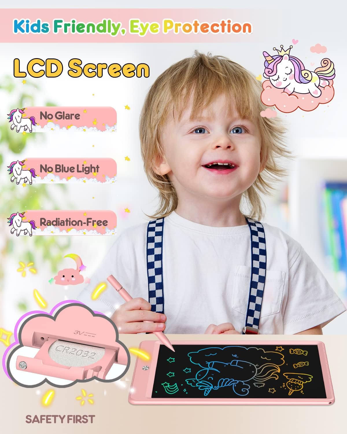 FLUESTON LCD Writing Tablet, Doodle Board Toys Gifts for 3-8 Year Old Girls Boys, 10 Inch Colorful Electronic Board Drawing Pad for Kids, Gifts for Toddler Educational Learning Travel Birthday, Blue