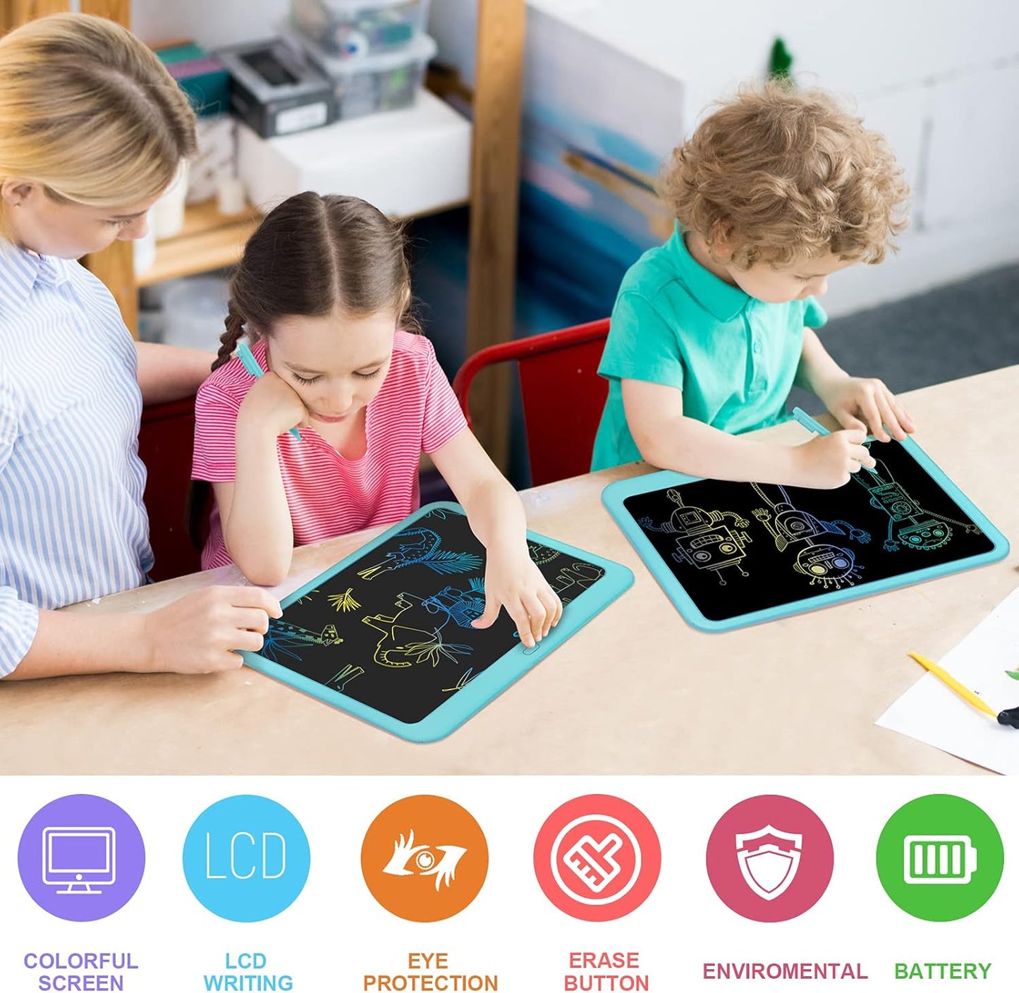 FLUESTON LCD Writing Tablet, Doodle Board Toys Gifts for 3-8 Year Old Girls Boys, 10 Inch Colorful Electronic Board Drawing Pad for Kids, Gifts for Toddler Educational Learning Travel Birthday, Blue