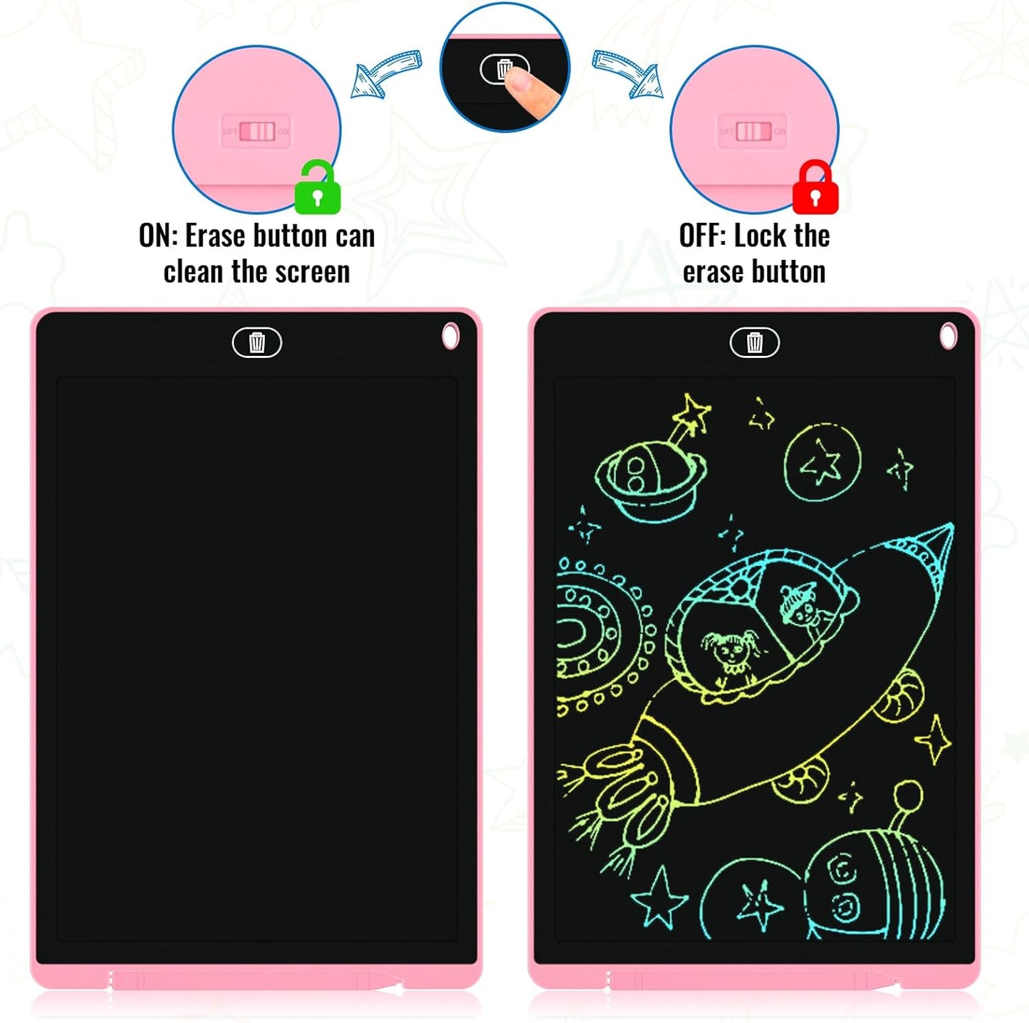 2 Pack 12 Inch LCD Writing Tablet, Electight Colorful Doodle Board, Eye Protection Drawing Board with Lock & Erase FUNC, Birthday Gifts and Toys for 3 4 5 6 7 8 Year Old Boys and Girls - Pink & Blue