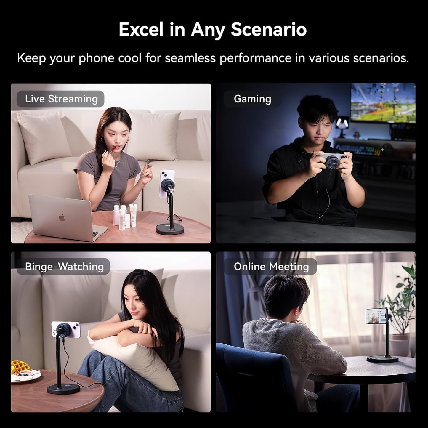 Ulanzi SK-10 3 in 1 Magnetic Cell Phone Stand with Cooling Fan and Wireless Charger for iPhone, Height Adjustable Phone Desk Holder Semiconductor Cooling Fan for Live Streaming Gaming Phone Cooler