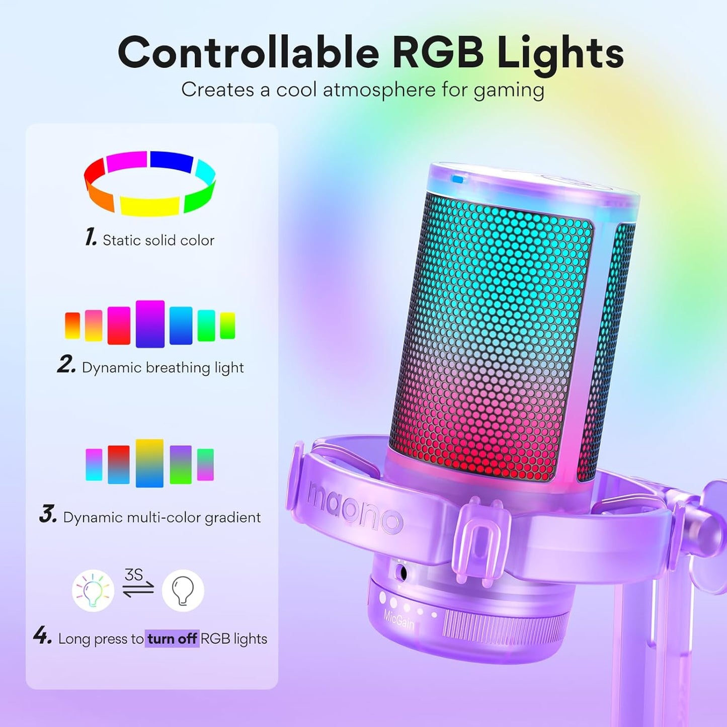 MAONO USB Gaming Microphone for PC, Noise Cancellation Condenser Mic with RGB Lights, Mute, Gain for Streaming, Recording, Podcast, Chat, Twitch, YouTube, Discord, Computer, PS5, PS4, GamerWave