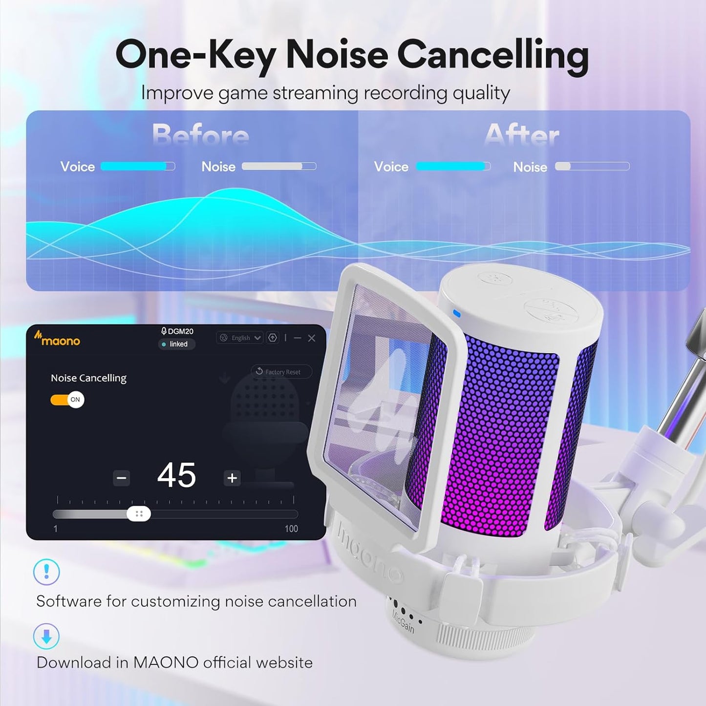 MAONO Gaming USB Microphone, Noise Cancellation Condenser mic with Mute, Gain, Monitoring, Boom Arm for Streaming, Podcast, Twitch, YouTube, Discord, PC, Computer, PS4, PS5, Mac, GamerWave DGM20S