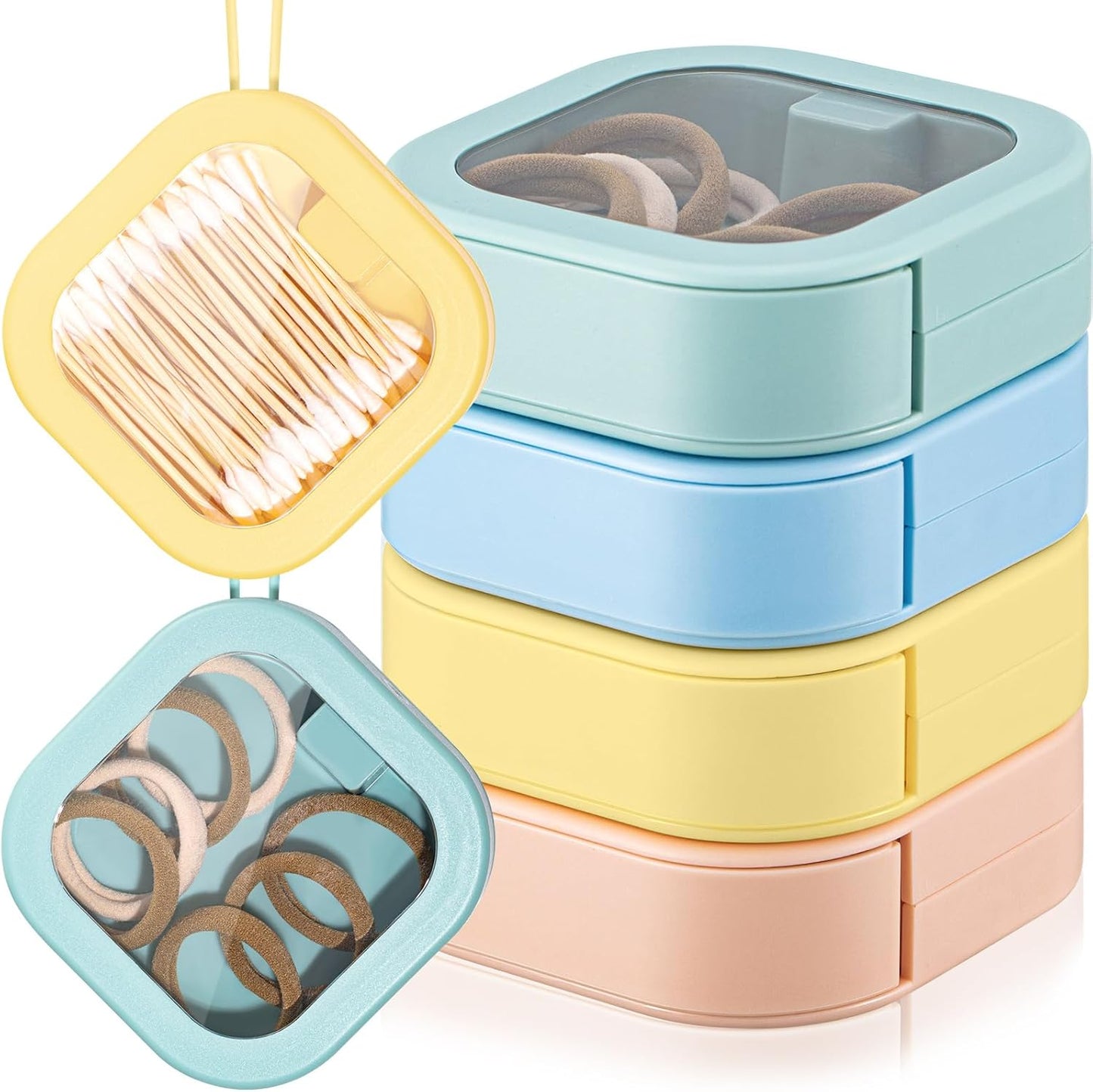 Kathfly 4 Pcs White Hair Tie Organizer Portable Hair Accessory Storage Containers Stackable Hair Tie Bobby Pin Holder Home Cotton Swab Dispenser Hair Accessories Jewelry Organizer Box